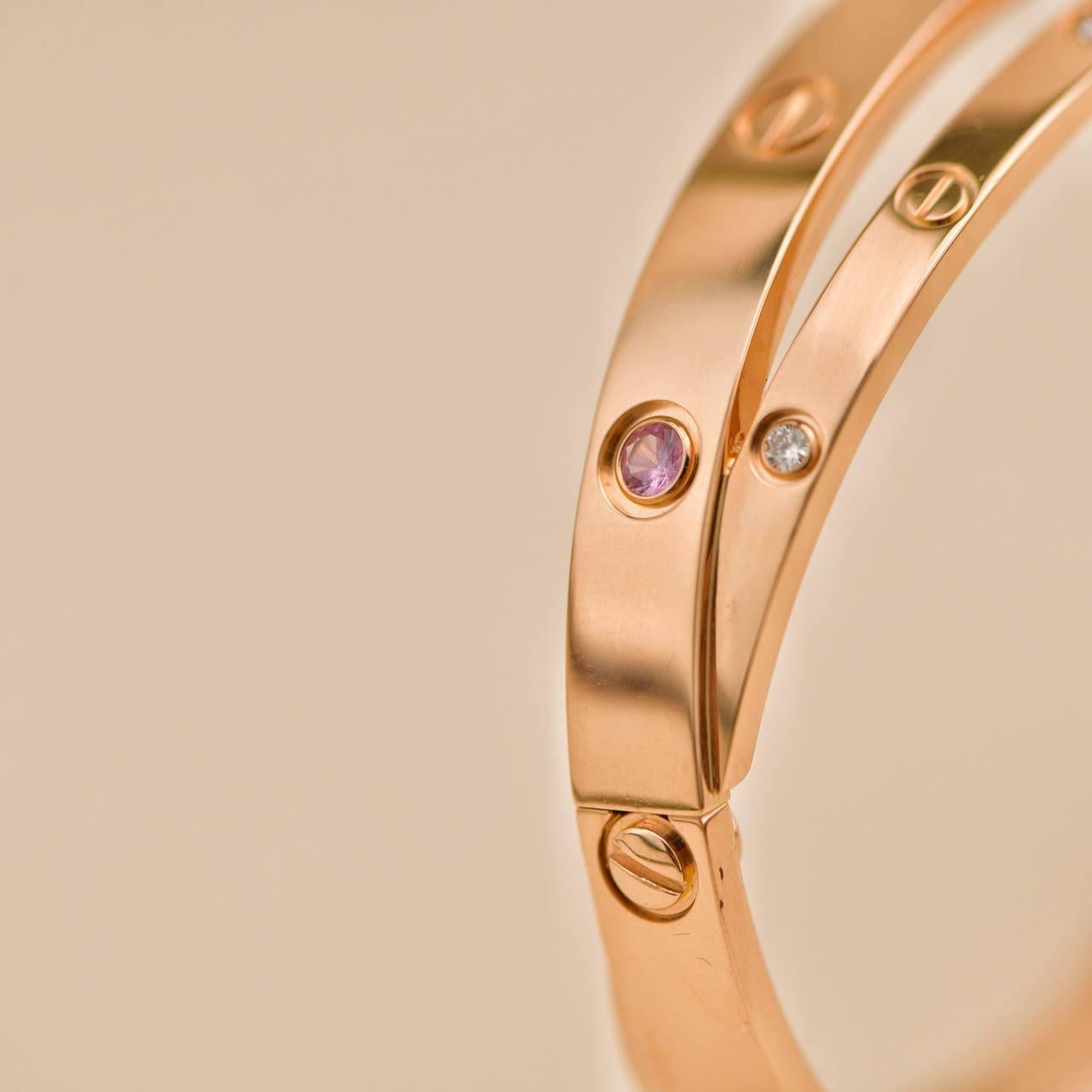 Cartier Love Diamante Zafiro Rosa Oro Rosa 18K Pulsera Doble Talla 17 en venta 1
