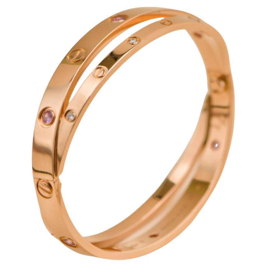 Bracelet double en or rose 18 carats Love Diamond Pink Sapphire Taille 17