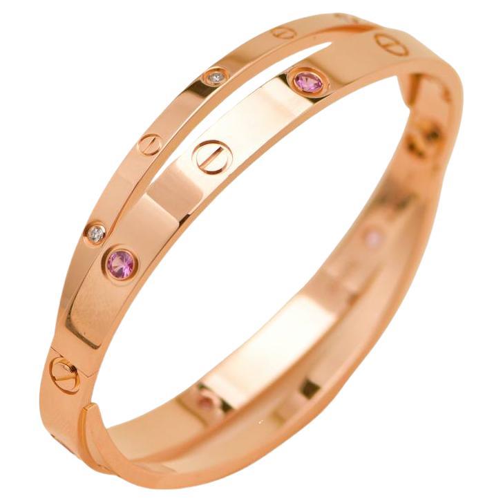 Cartier Love Diamante Zaffiro Rosa Oro 18K Bracciale doppio Taglia 17