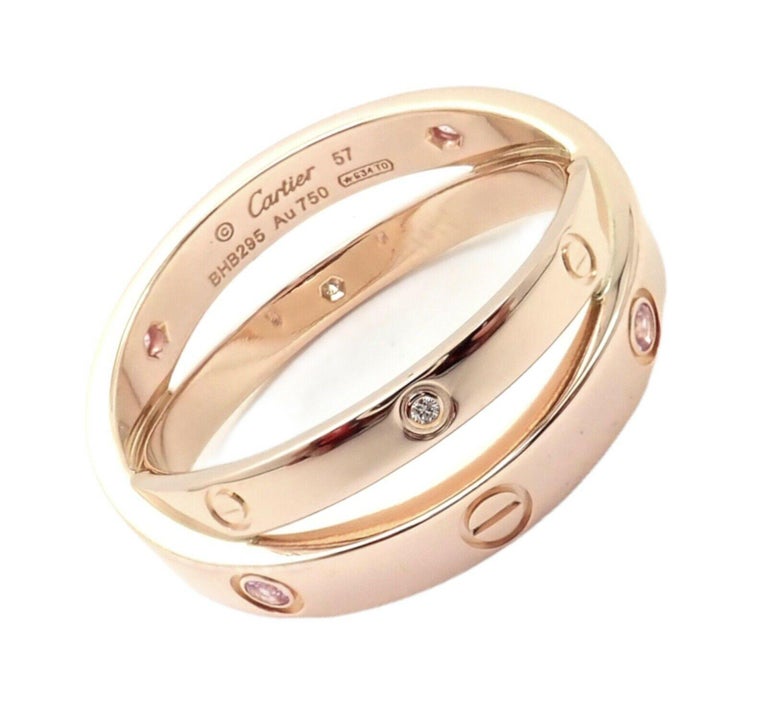 Brilliant Cut Cartier Love Diamond Pink Sapphire Rose Gold Band Ring For Sale