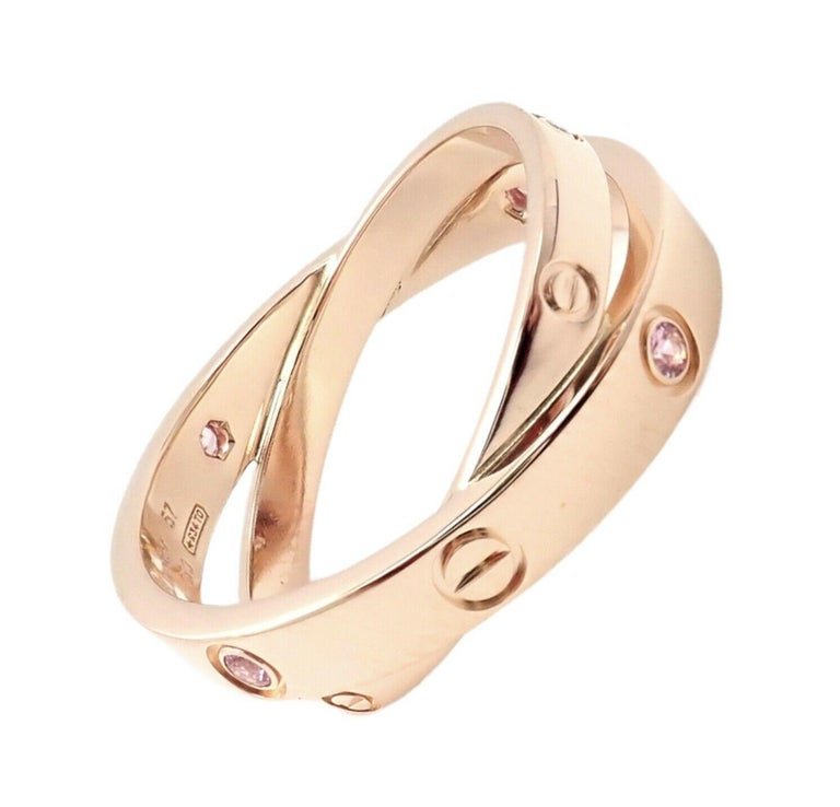 Women's or Men's Cartier Love Diamond Pink Sapphire Rose Gold Band Ring For Sale