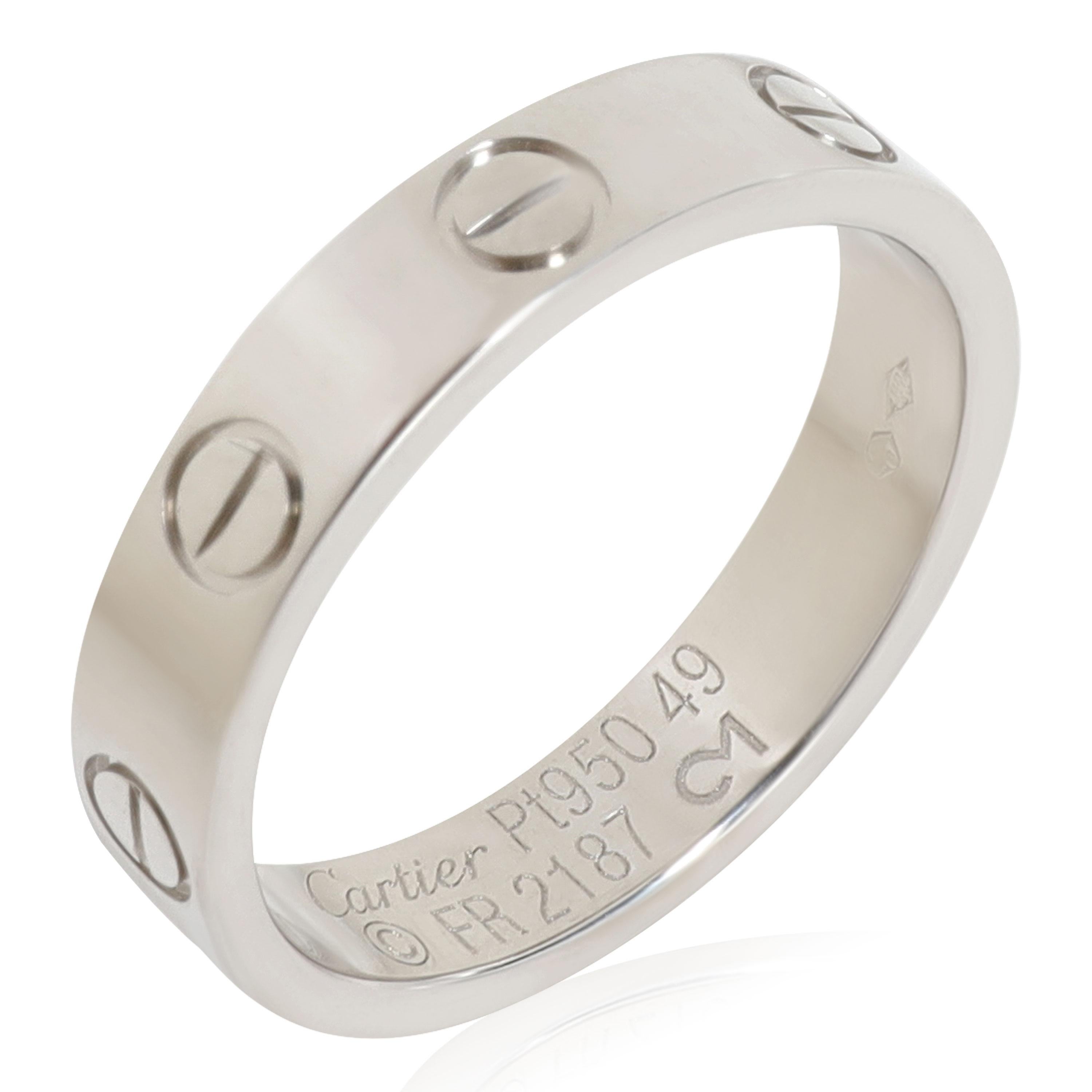 Cartier LOVE Ring in 950 Platinum 

PRIMARY DETAILS
SKU: 116137
Listing Title: Cartier LOVE Ring in 950 Platinum

Condition Description: Retails for 2620 USD. In excellent condition and recently polished. Ring size is 4.75.Comes with Certificate of