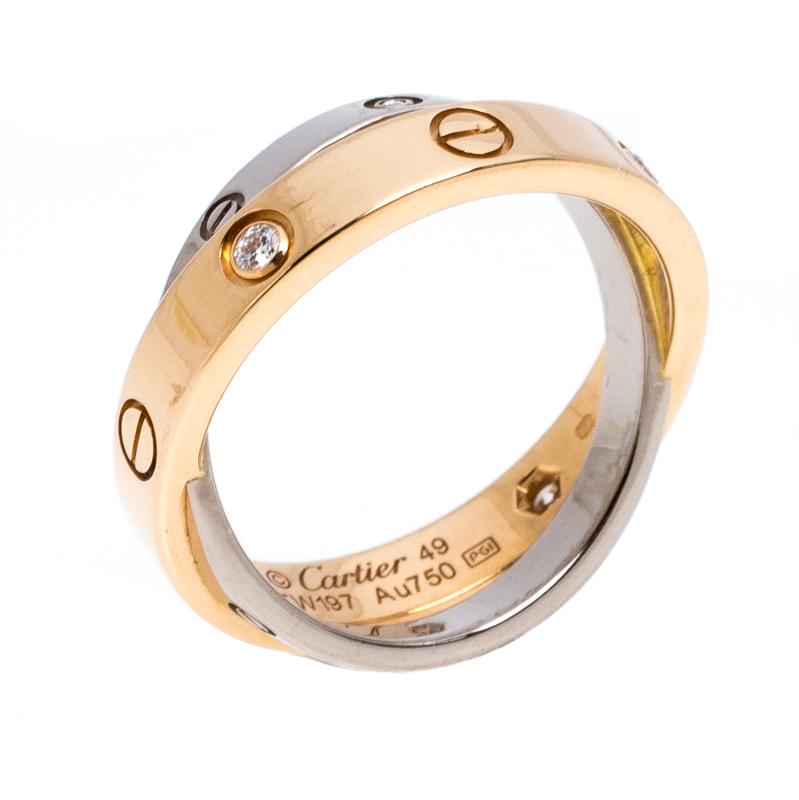 Contemporary Cartier Love Diamond Two Tone 18K Gold Double Band Ring Size 49
