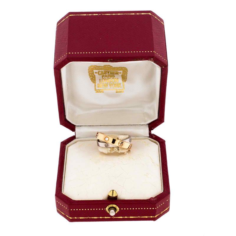 Cartier Love Diamond Two Tone 18K Gold Double Band Ring Size 49 In Good Condition In Dubai, Al Qouz 2