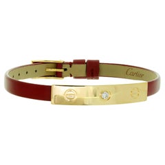 CARTIER Love Diamond Yellow Gold Slide Bar Rose Leather Strap Bracelet