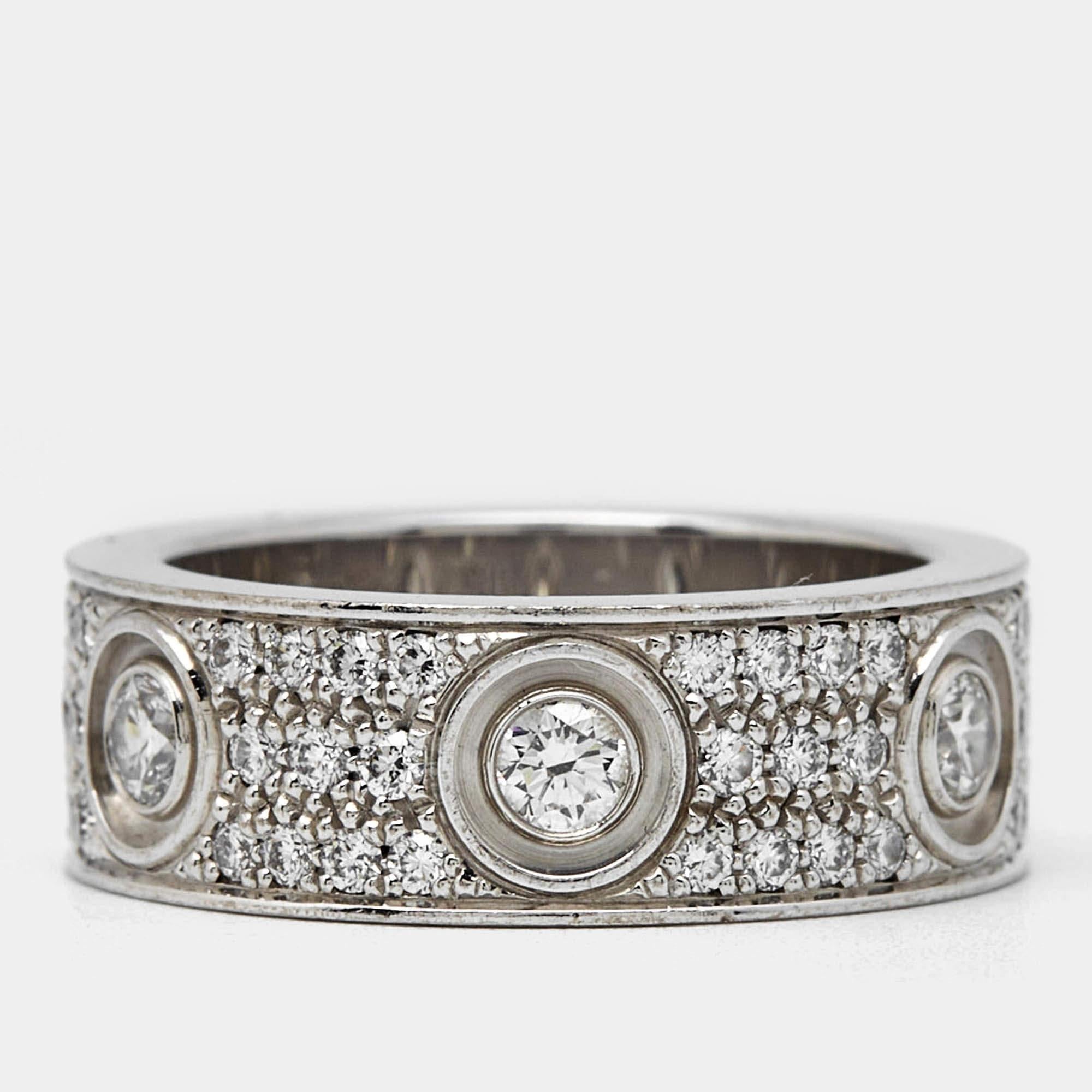 Crafted with meticulous attention to detail the Cartier Love ring embodies timeless elegance. The lustrous 18k white gold band encircles the finger with graceful simplicity while shimmering diamonds adorn its surface capturing the essence of refined