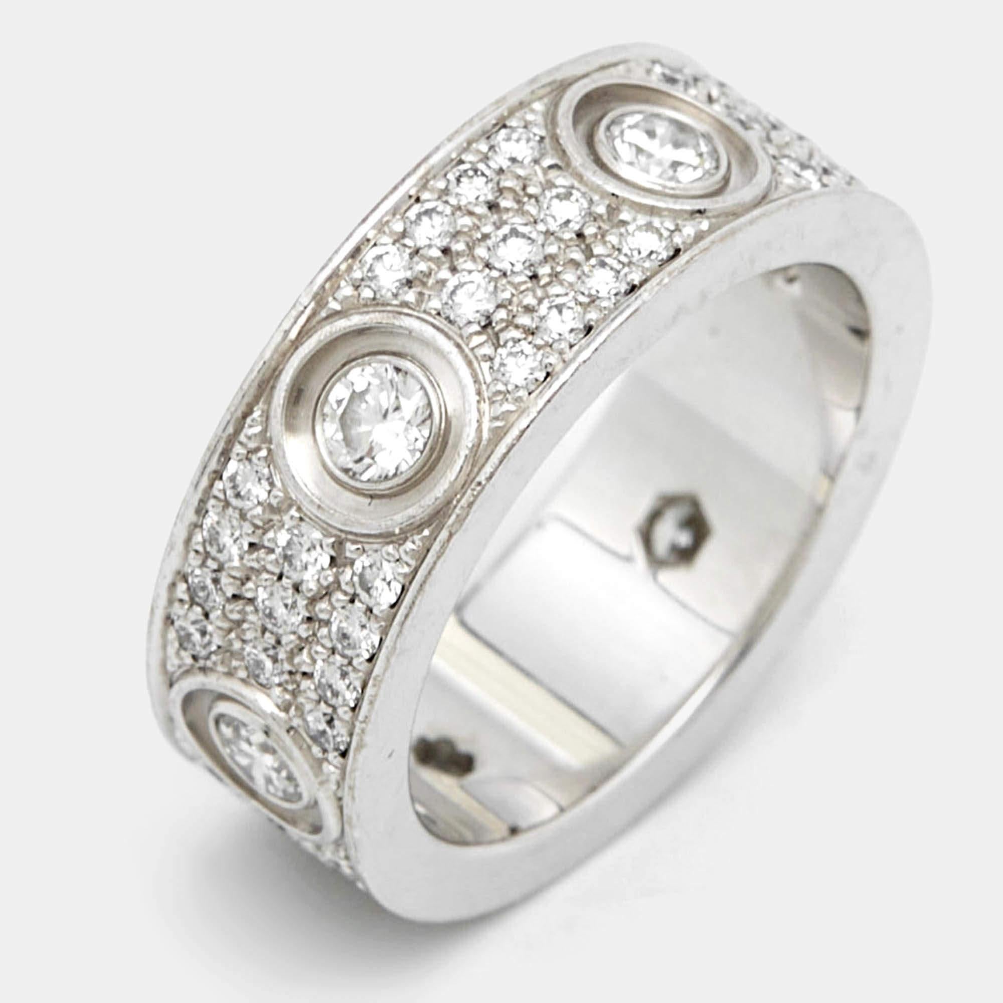 Cartier Love Diamonds 18k White Gold Ring Size 49 In Good Condition For Sale In Dubai, Al Qouz 2