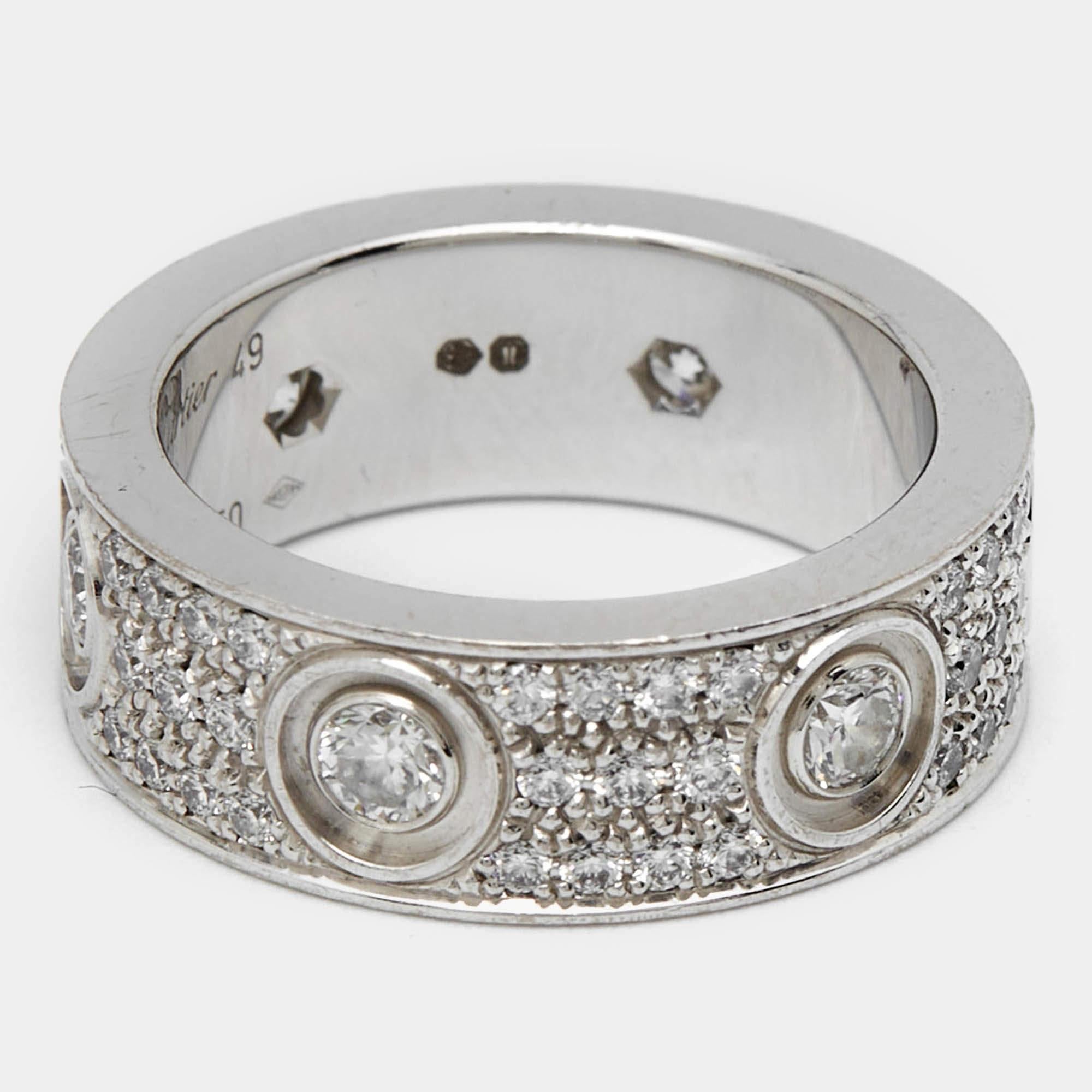 Women's Cartier Love Diamonds 18k White Gold Ring Size 49 For Sale