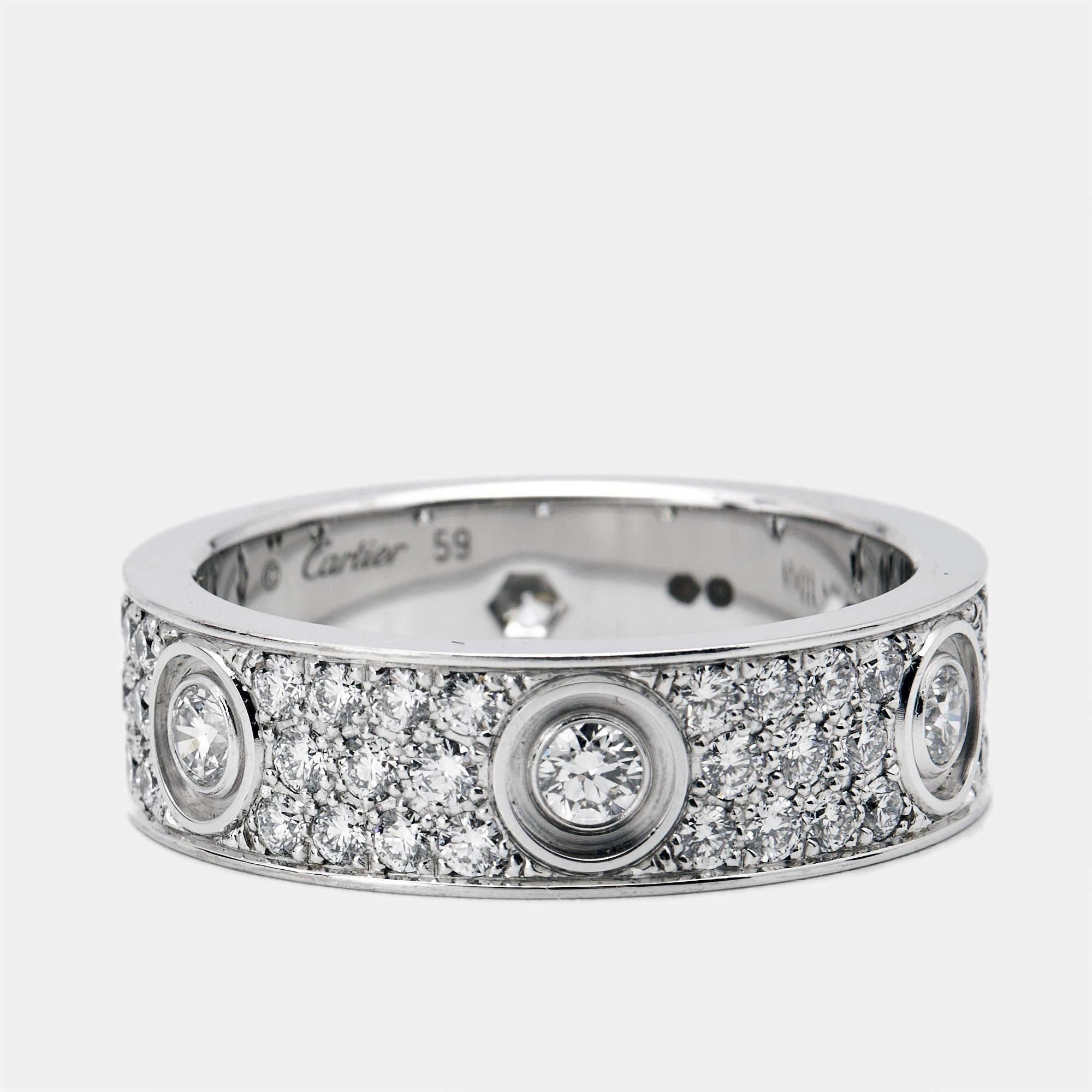 Uncut Cartier Love Diamonds 18k White Gold Ring Size 52