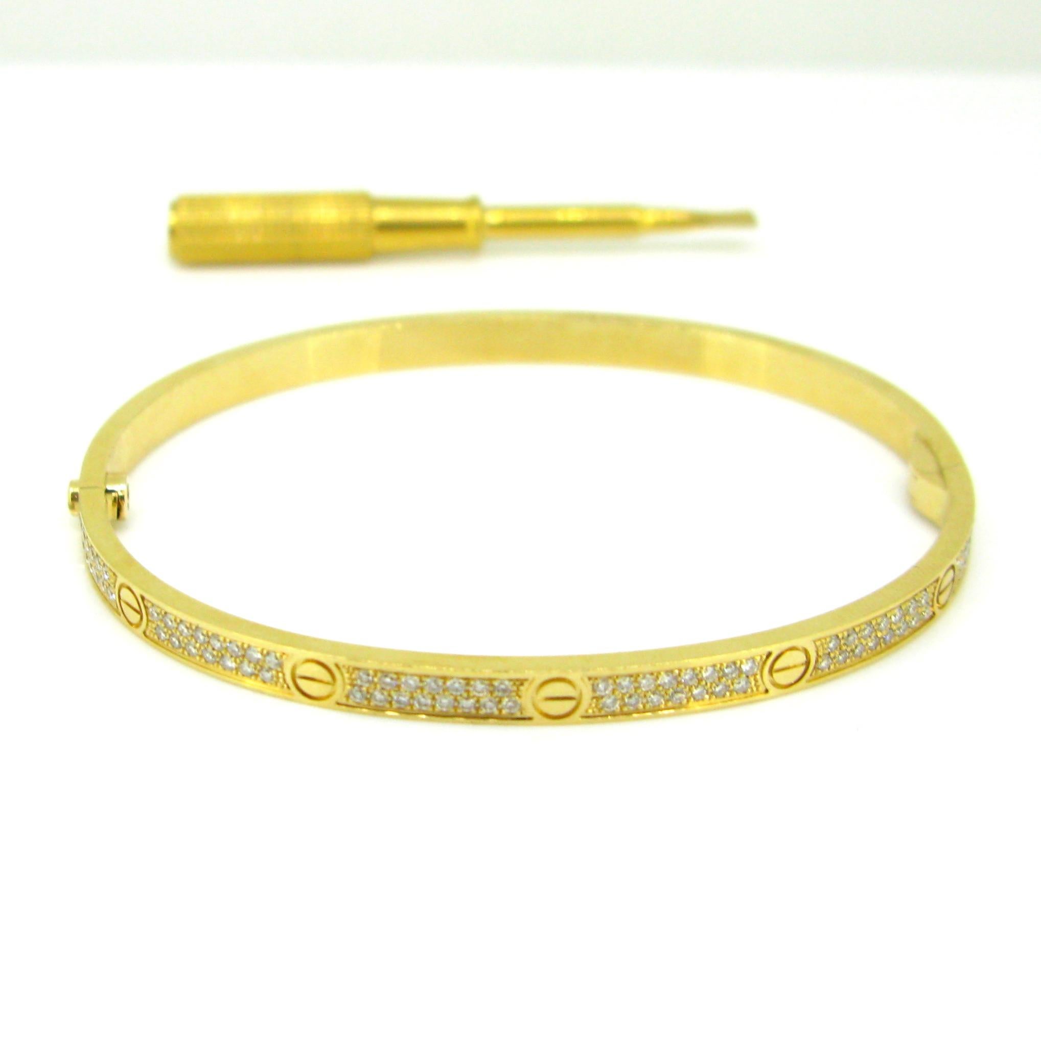 Round Cut Cartier Love Diamonds Yellow Gold Paved Bangle, Small Size