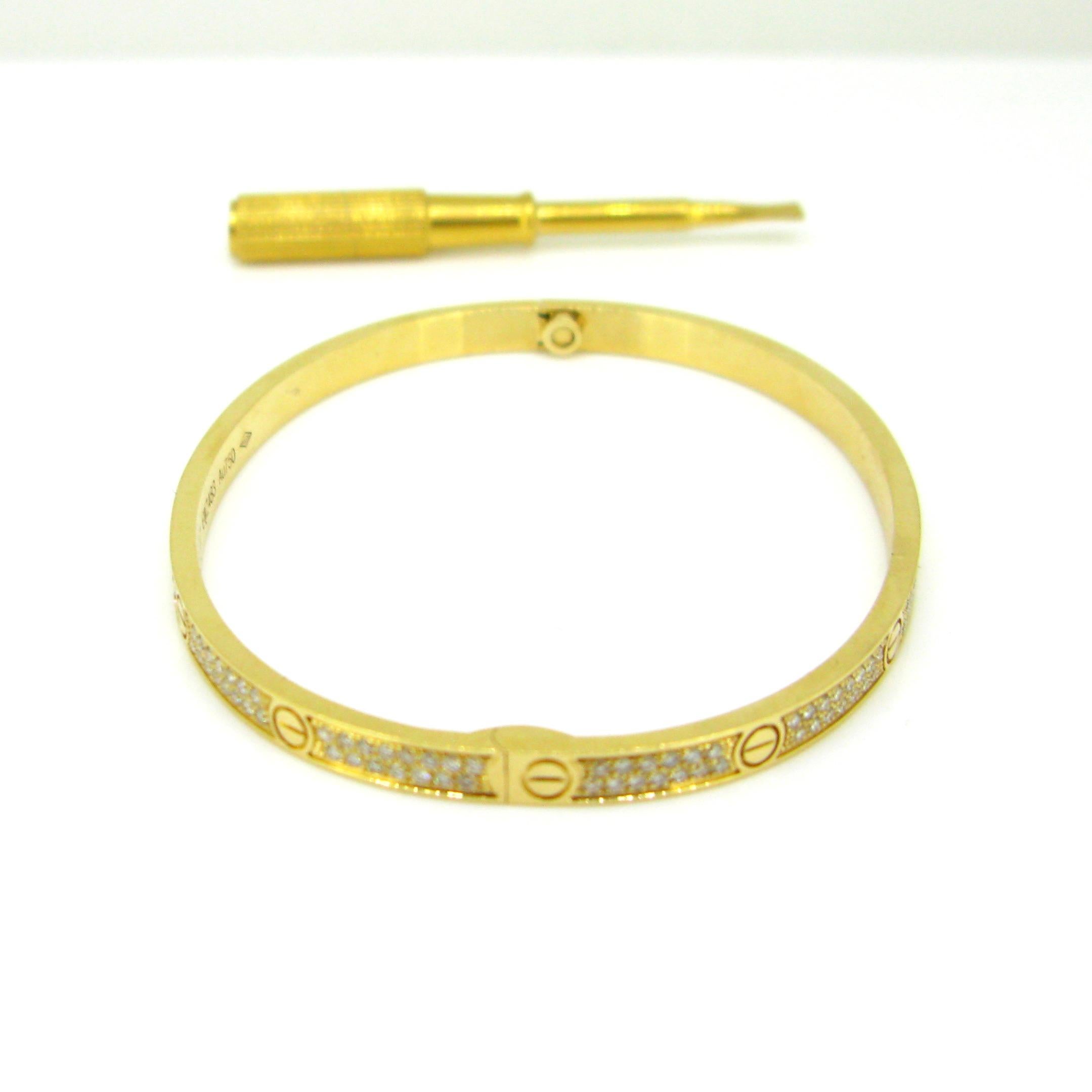 Cartier Love Diamonds Yellow Gold Paved Bangle, Small Size In Good Condition In London, GB