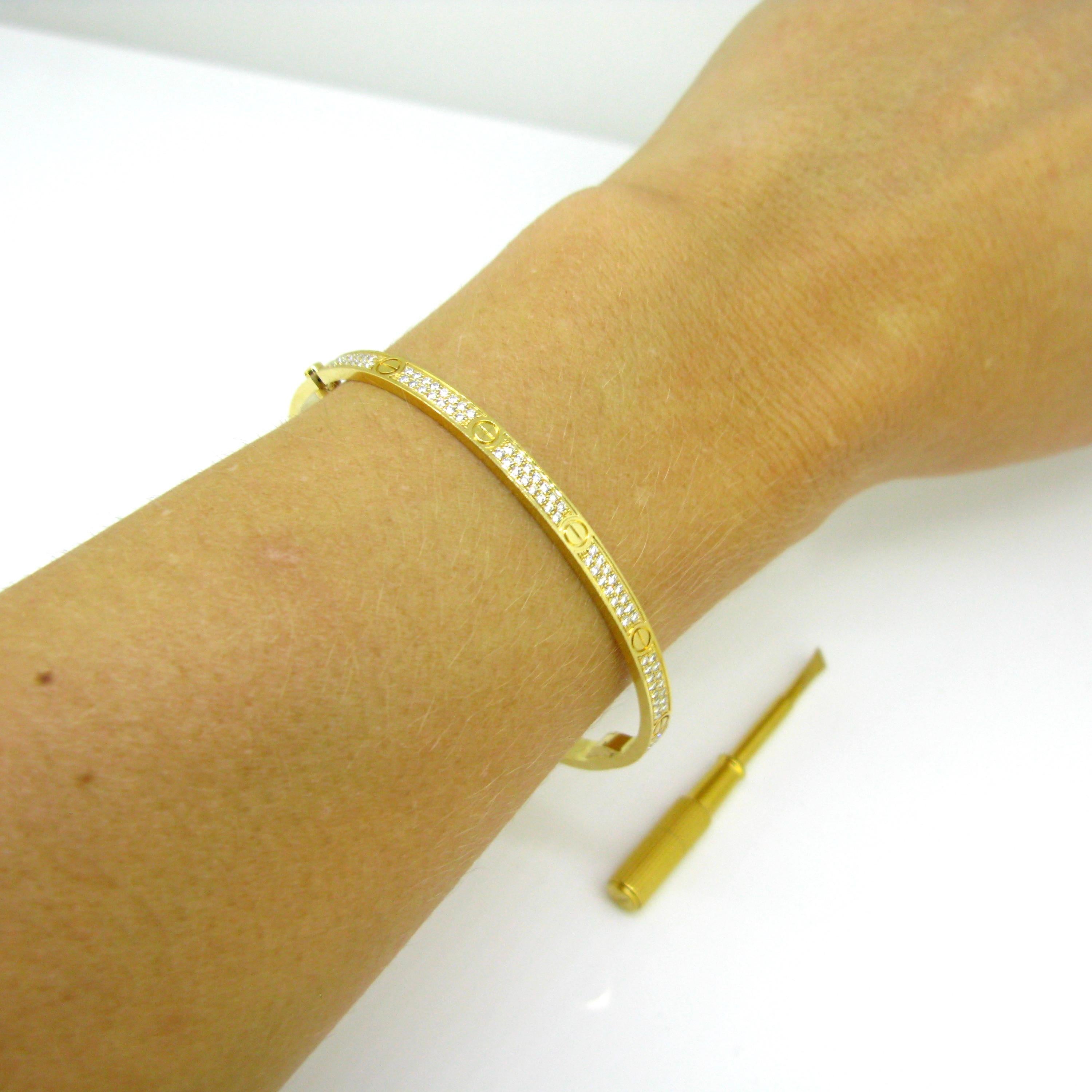 Women's or Men's Cartier Love Diamonds Yellow Gold Paved Bangle, Small Size