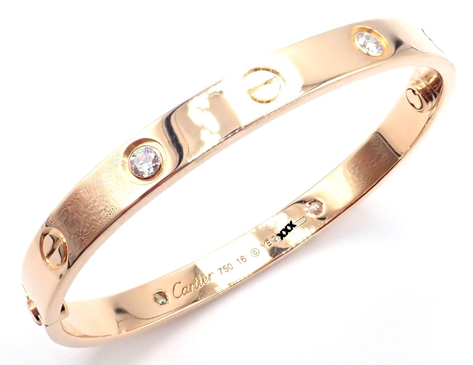 Cartier Love Four Diamond Rose Gold Bangle Bracelet Size 16 For Sale 2