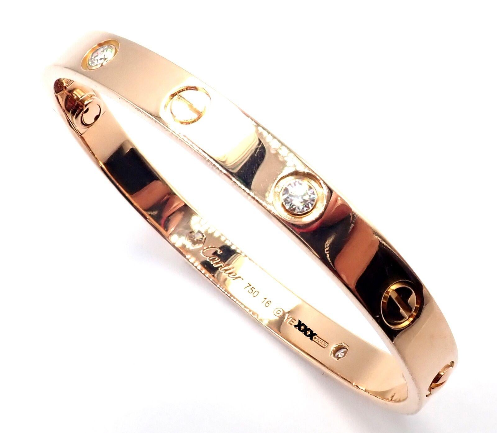 Cartier Bracelet jonc Love à quatre diamants en or rose, taille 16 en vente 6