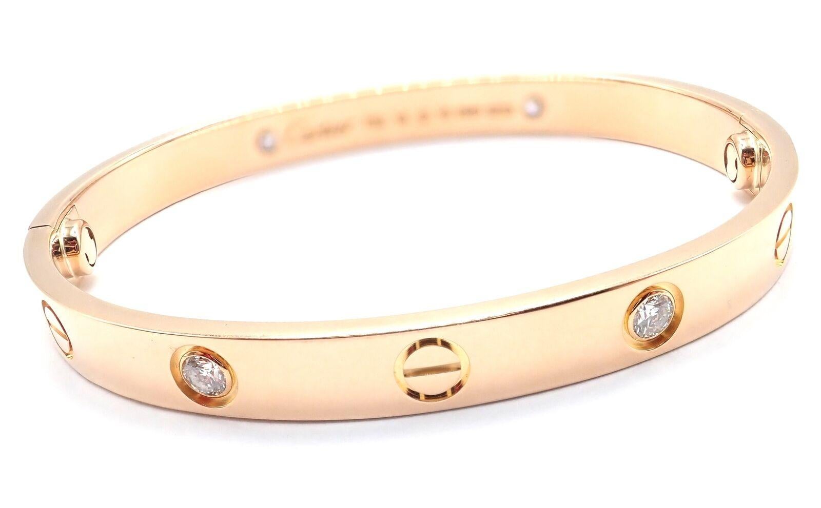 18k Rose Gold 4 Diamond Cartier LOVE Bangle Bracelet. Size 16. 
This bracelet comes with Cartier certificate of authenticity from 2014, Cartier box and a screwdriver.
This bracelet has a new style screw system.
With 4 round brilliant cut diamonds,