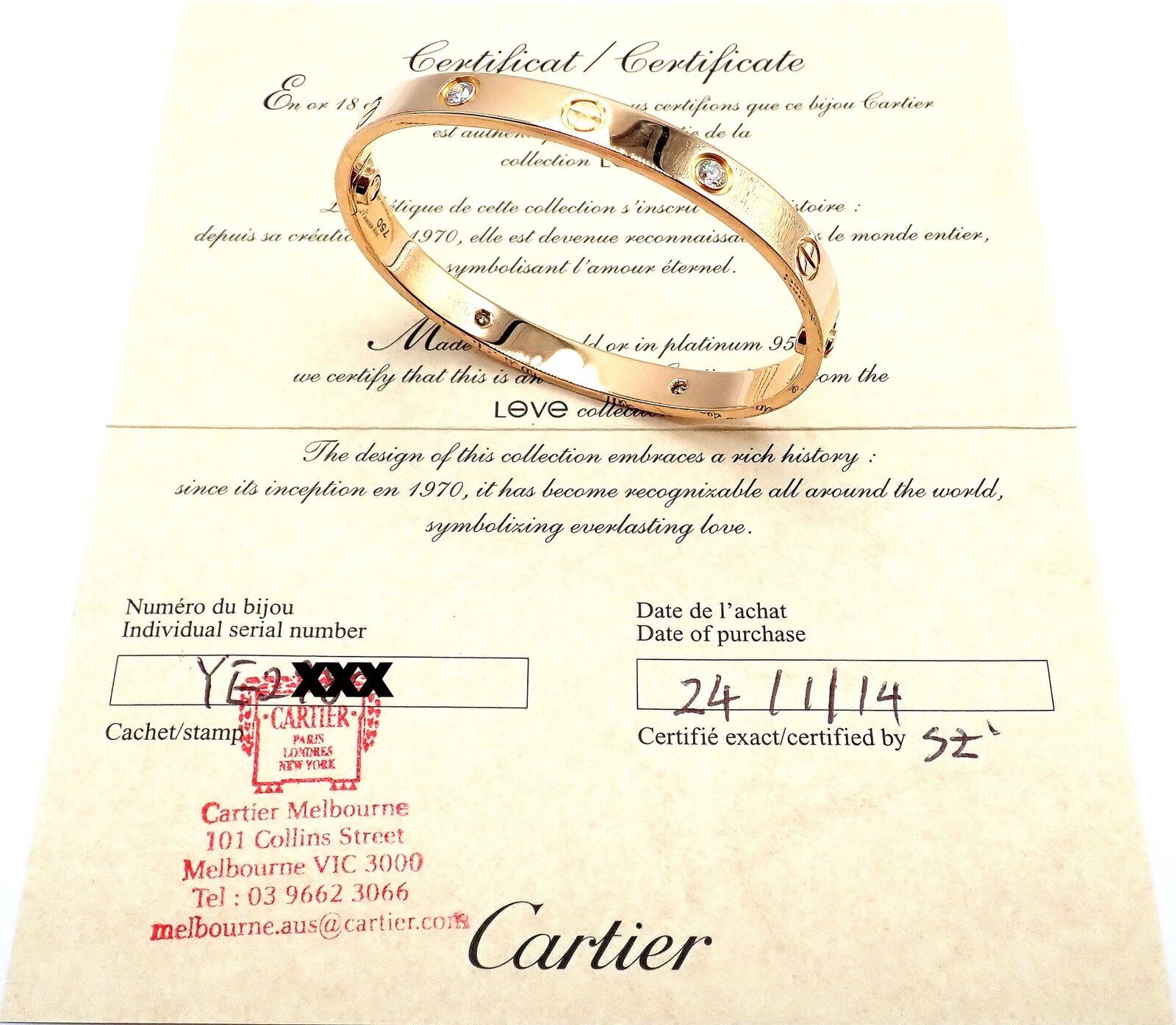 Cartier Love Four Diamond Rose Gold Bangle Bracelet Size 16 In Excellent Condition In Holland, PA