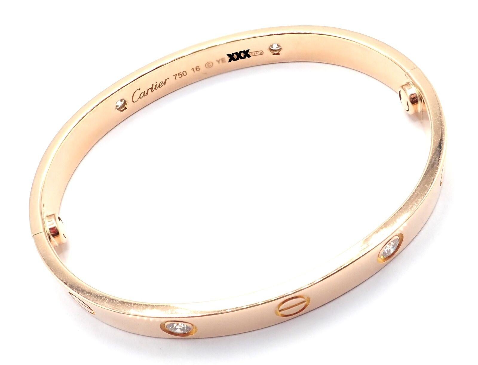 Cartier Love Four Diamond Rose Gold Bangle Bracelet Size 16 For Sale 1