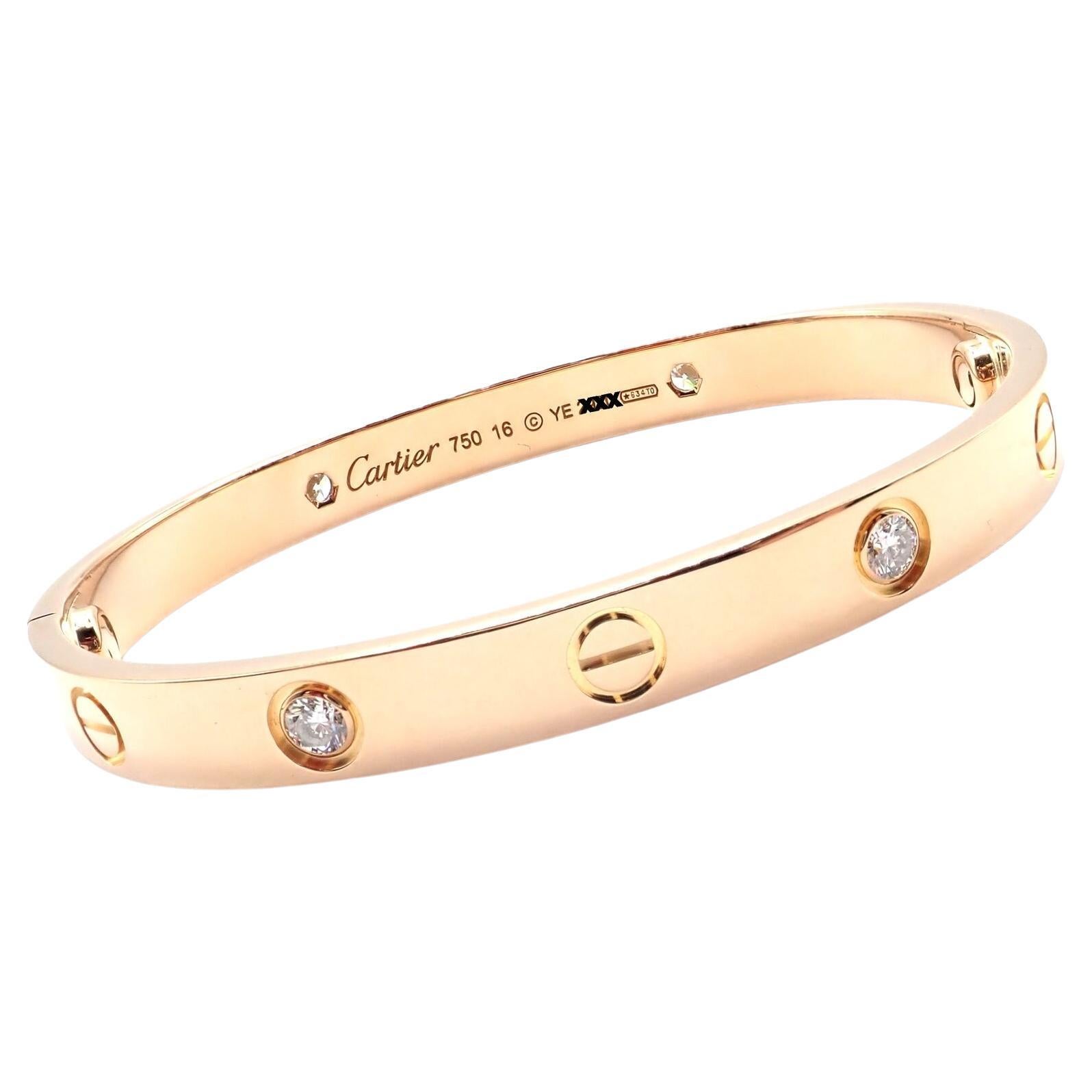 Cartier Love Four Diamond Rose Gold Bangle Bracelet Size 16