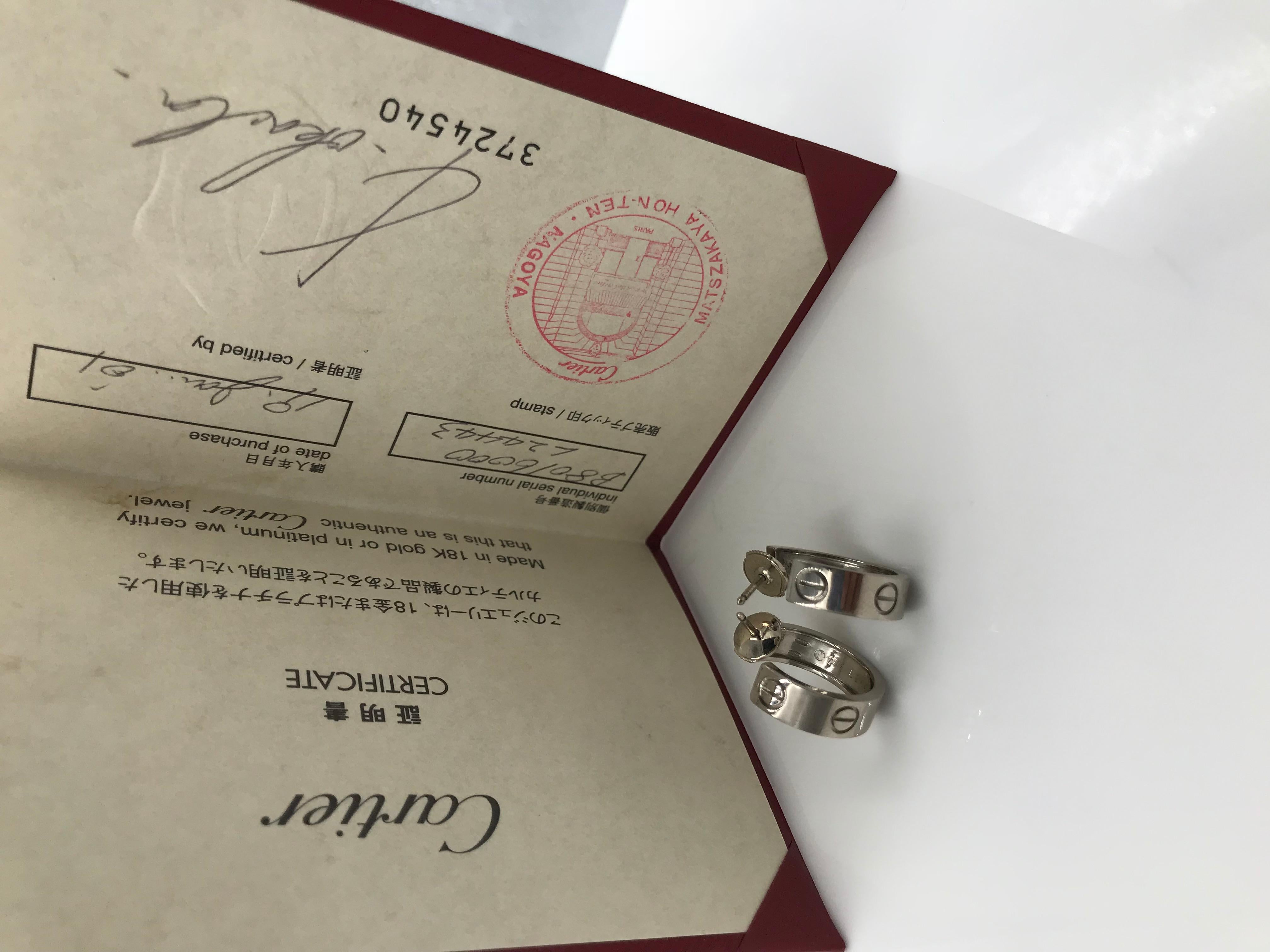 Cartier 18K White Gold Love Piercing Earrings. 
Width: size 1.9 cm x 0.6 cm. Weight:10.0 g. 
Material: 18K White Gold. 
Condition: Overall in very nice condition With certificate.
