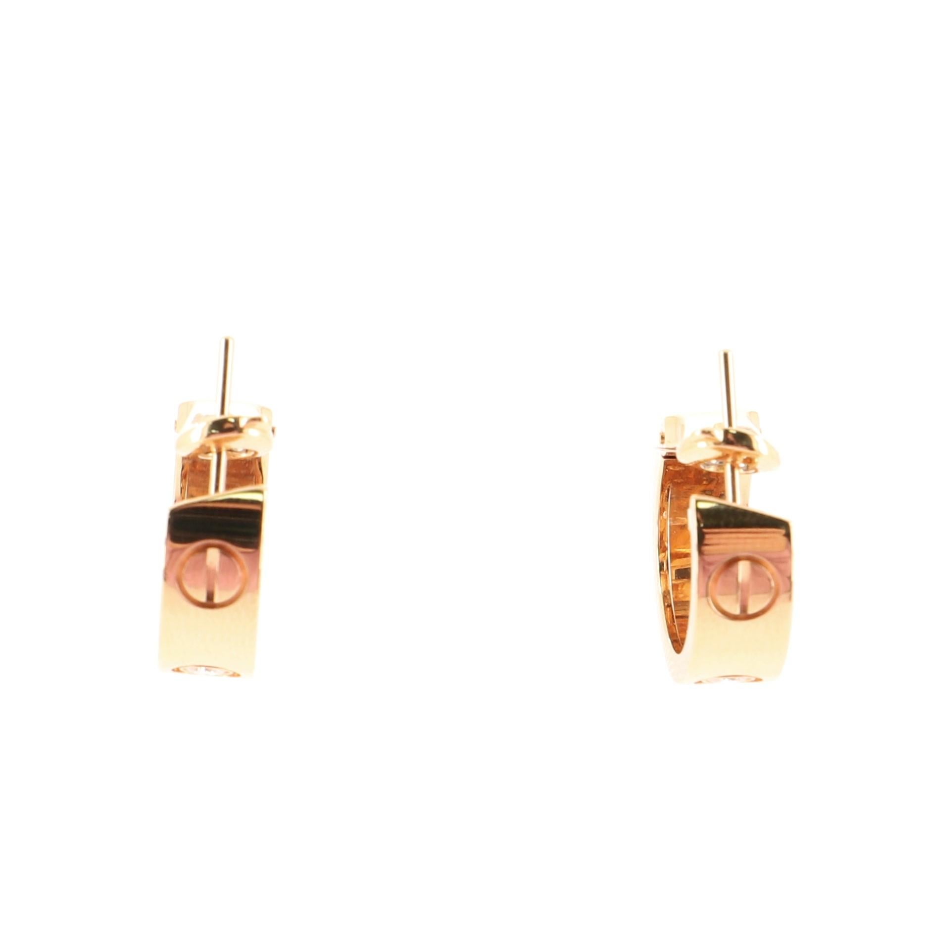 Round Cut Cartier Love Hoop Earrings 18 Karat Rose Gold with Diamonds