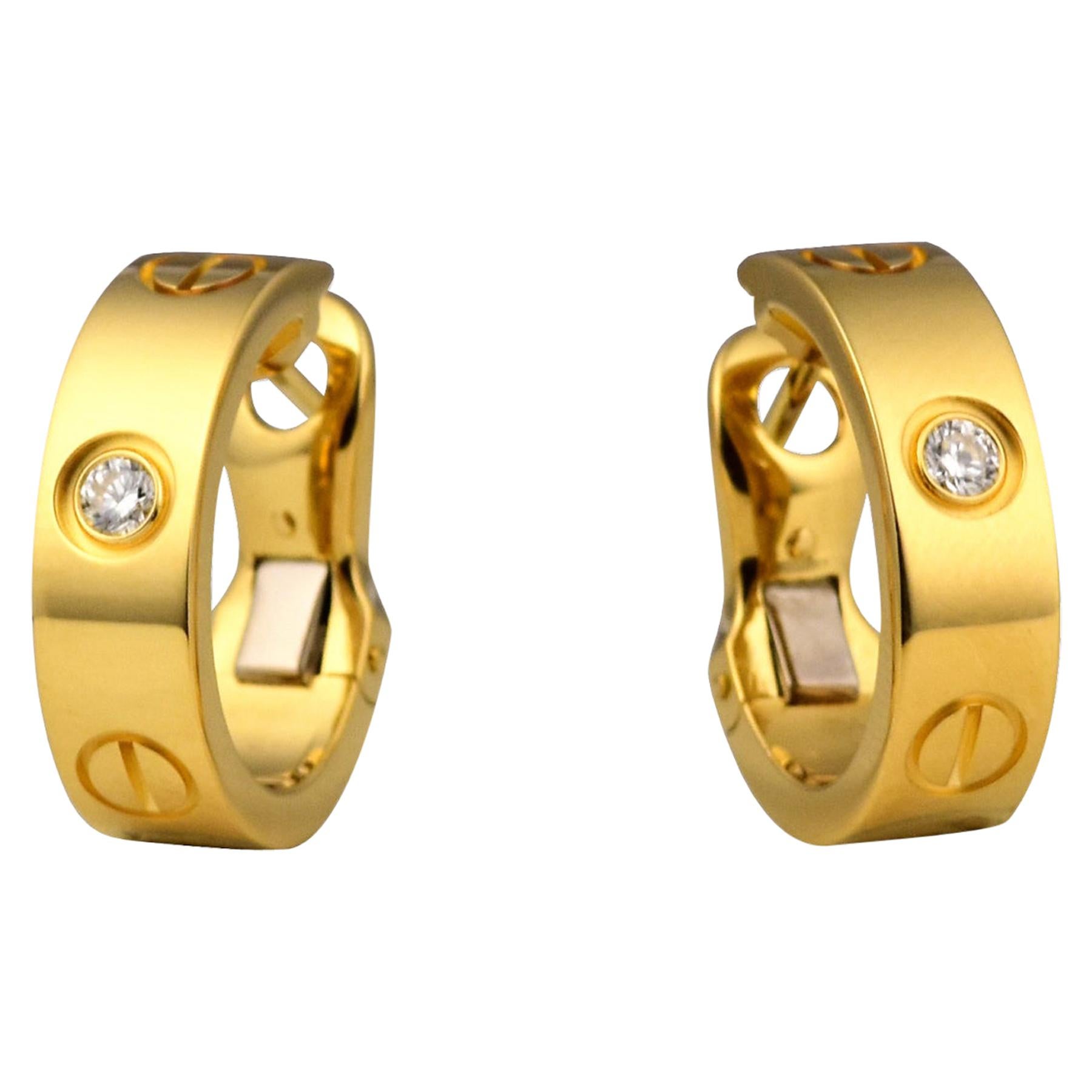 Cartier Love Hoop Earrings Two Diamonds in 18k Yellow Gold