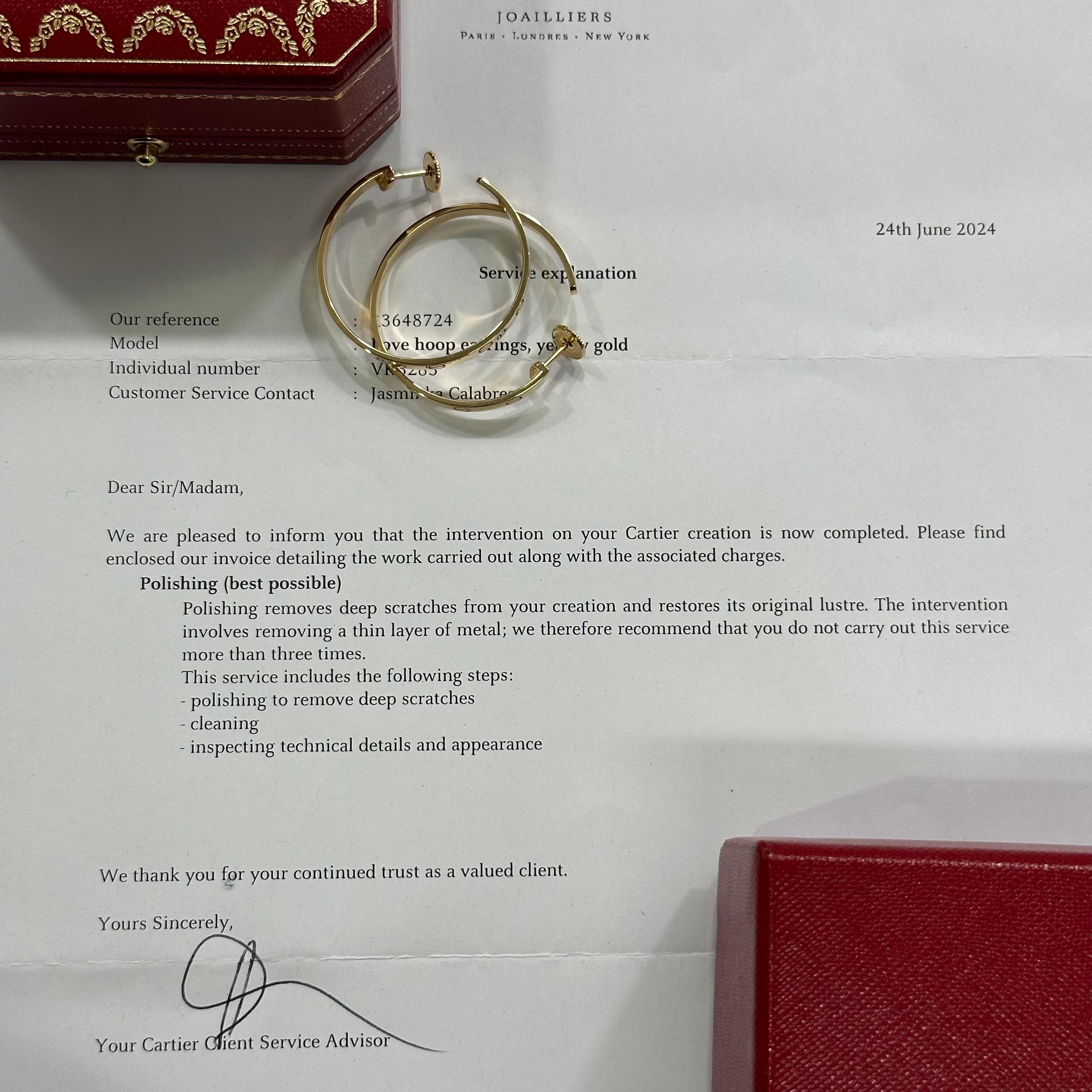Introducing the stunning Cartier Love Hoop Earrings in 18ct Yellow Gold. These earrings are a must-have for every jewellery enthusiast. With a diameter of 32mm and thickness of 3mm, they are perfect for both casual and formal occasions. The earrings
