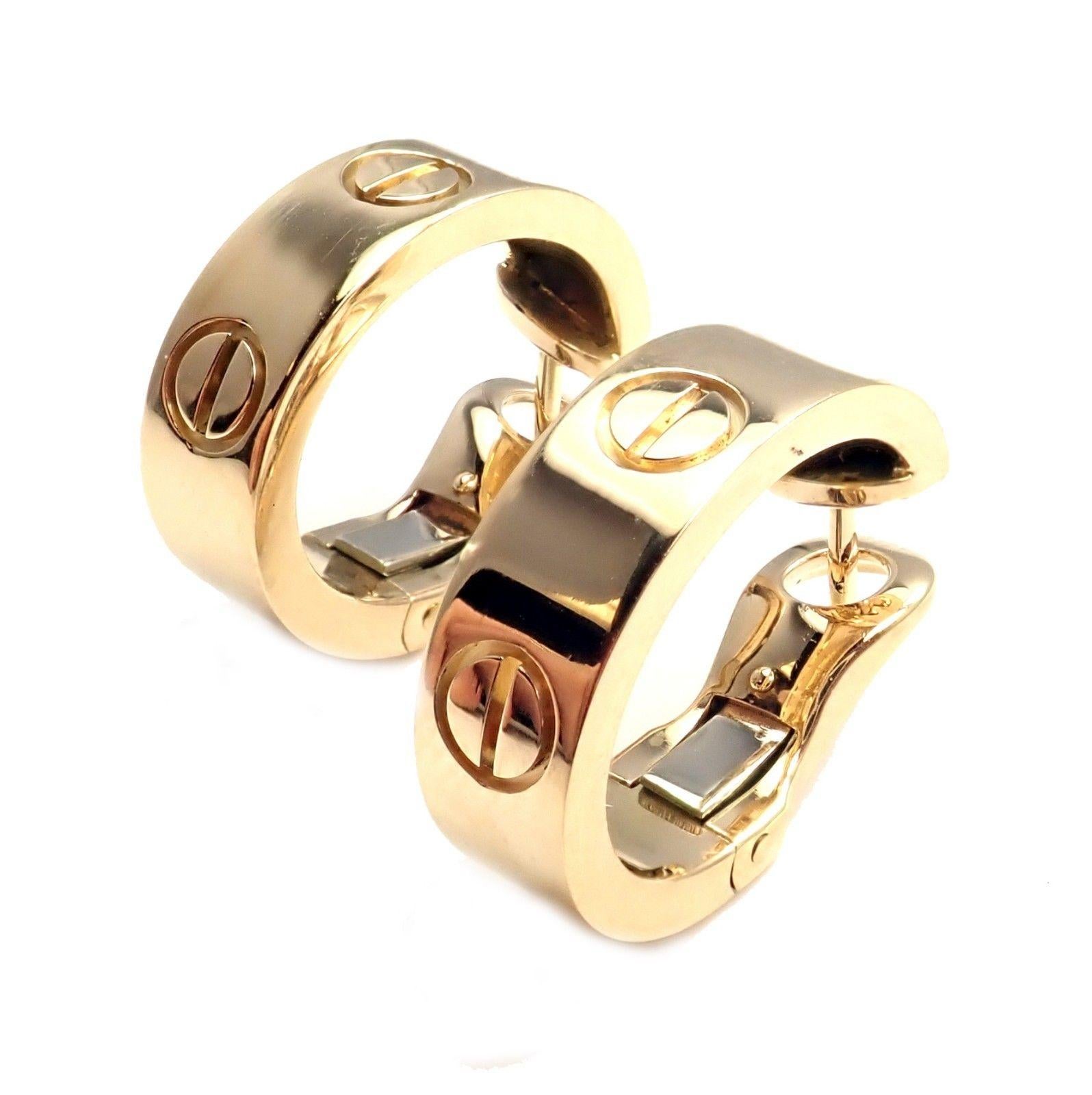 18k Yellow Gold Love Hoop Earrings by Cartier. 
***These Earrings are made for pierced ears  
Details:
Measurements: 18mm x 6mm
Weight: 12.2 grams
Stamped Hallmarks: Cartier 750 JC5158
*Free Shipping within the United States*  
YOUR PRICE: