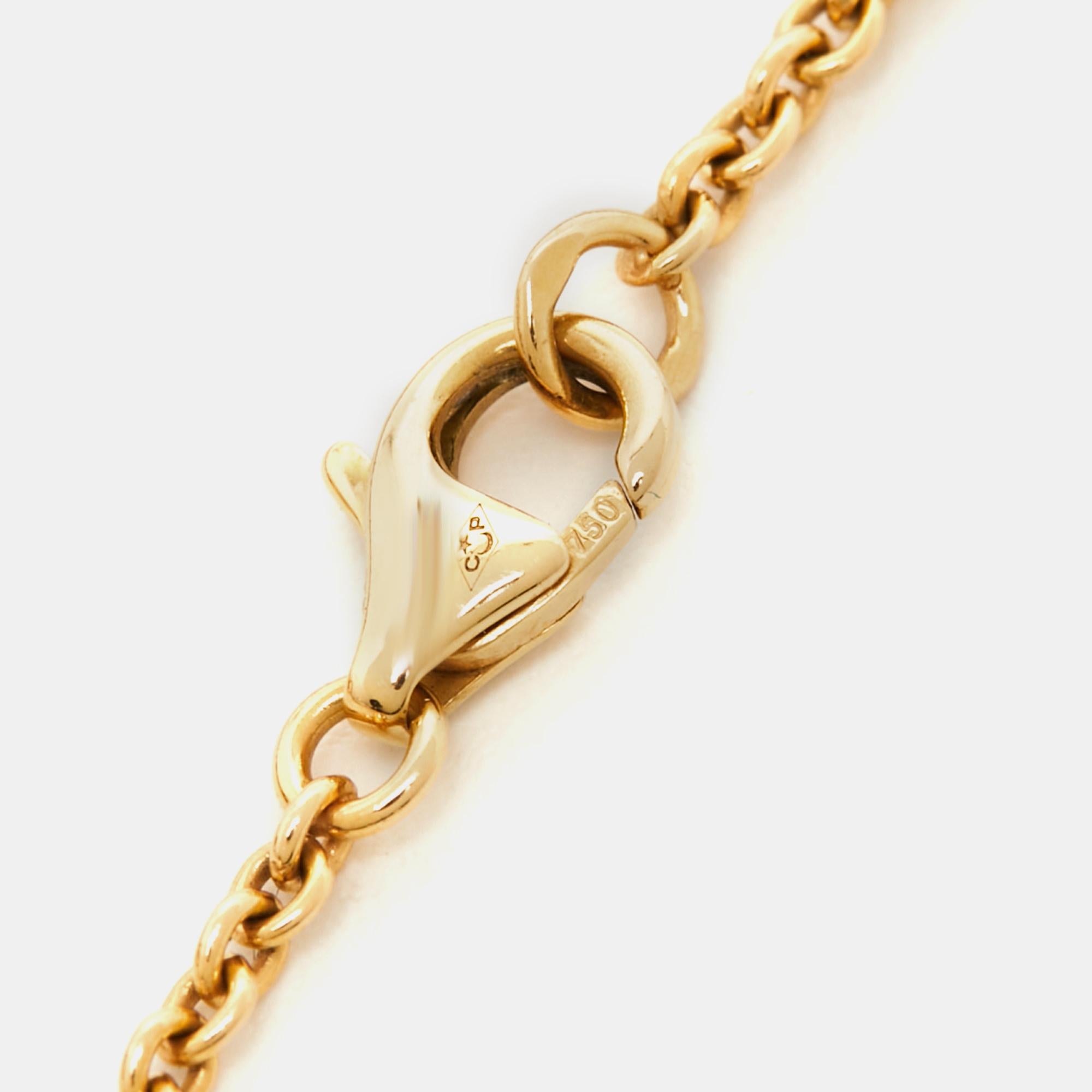 Celebrate timeless love with this bracelet from Cartier's Love collection. Made from 18k yellow gold, it has a chain that holds two magnificent rings interlocked with one another. On both, one can see the iconic screw motifs which are a signature of