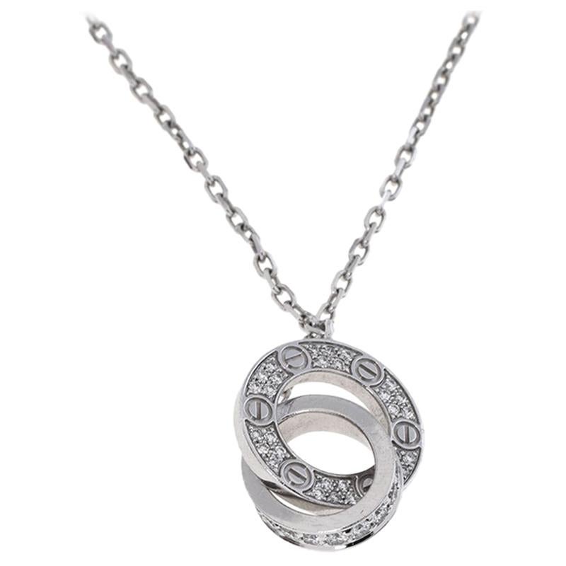 Cartier LOVE Interlocking Pave Diamond 18K White Gold Necklace