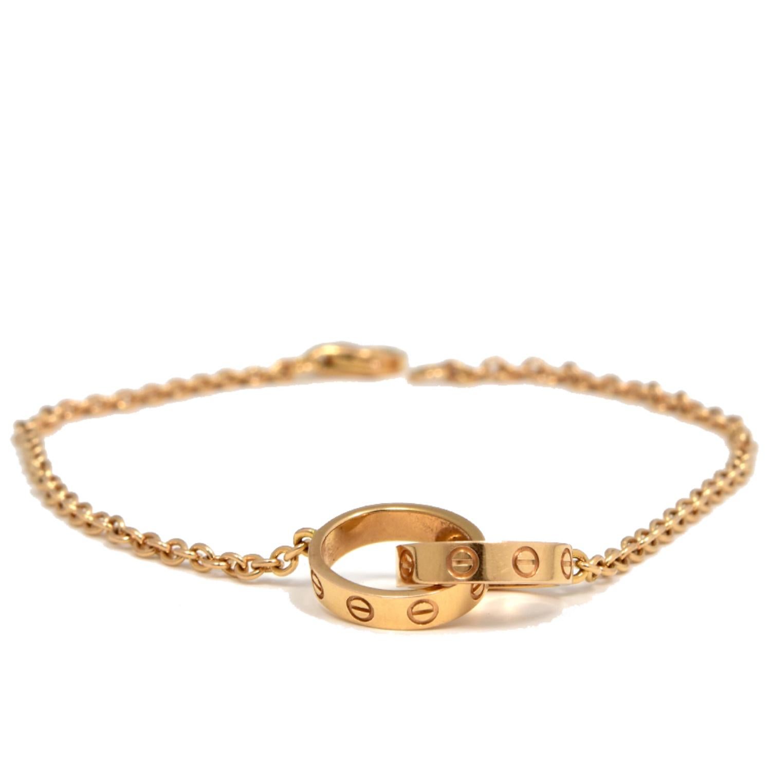 Designer: Cartier

Collection: LOVE

Style: Chain  Bracelet

Metal: Rose Gold  

Metal Purity: 18k

Total Item  Weight (Carat): 

Size: 17. 2 cm

Hallmarks: Cartier; Serial #; 

Includes:  24 Months Brilliance Jewels Warranty

                      