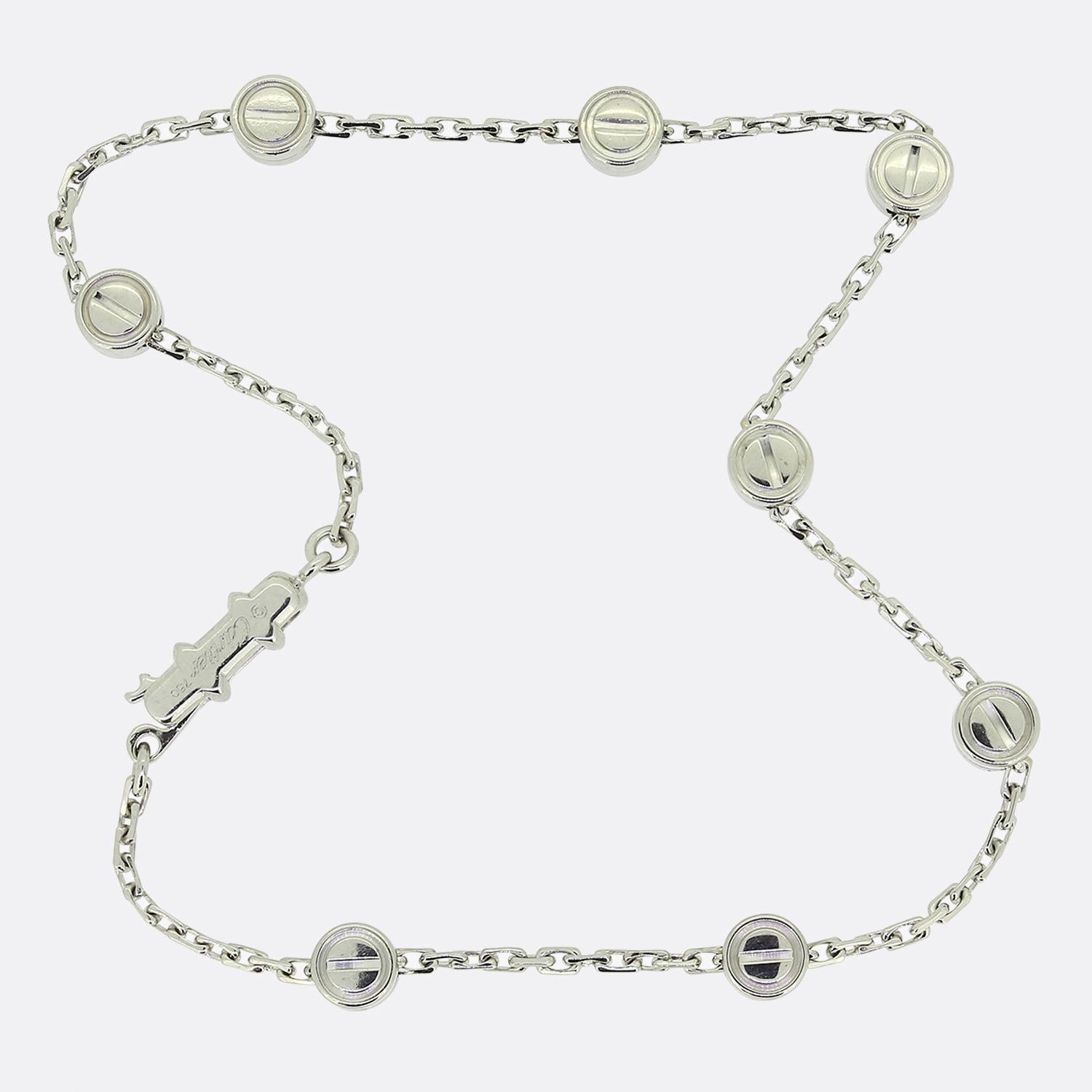 Here we have a lovely bracelet from the world renowned luxury jewellery house of Cartier. This piece has been crafted from 18ct white gold with a slim cable chain playing host to eight of Cartier's iconic screw motifs.

Condition: Used