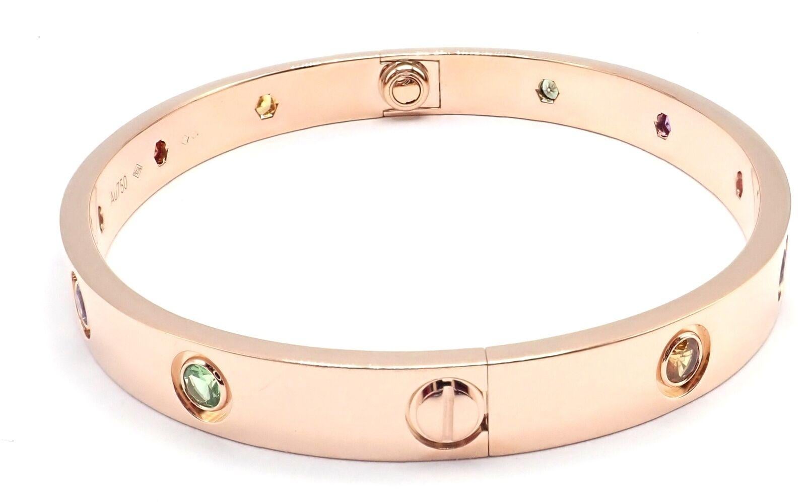 18k Rose Gold Color Stone LOVE Bangle Bracelet Size 17 by CARTIER. This bracelet comes with service paper from Cartier store, Cartier box and a screwdriver.
This bracelet has a new style screw system.
With 2 yellow sapphires, 2 pink sapphires,
2