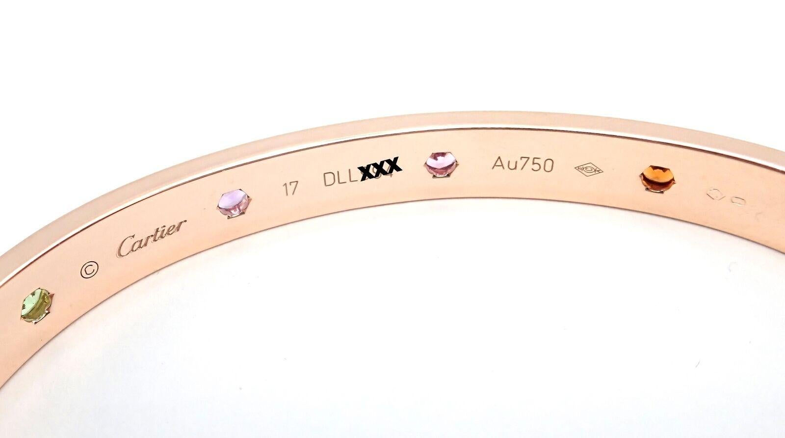Cartier Love Multi-Gem Rose Gold Bangle Bracelet Size 17 In Excellent Condition In Holland, PA
