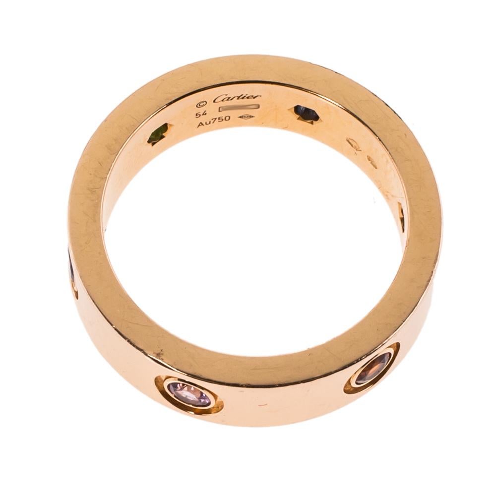 Contemporary Cartier LOVE Multicolor Gemstone 18K Rose Gold Ring 54