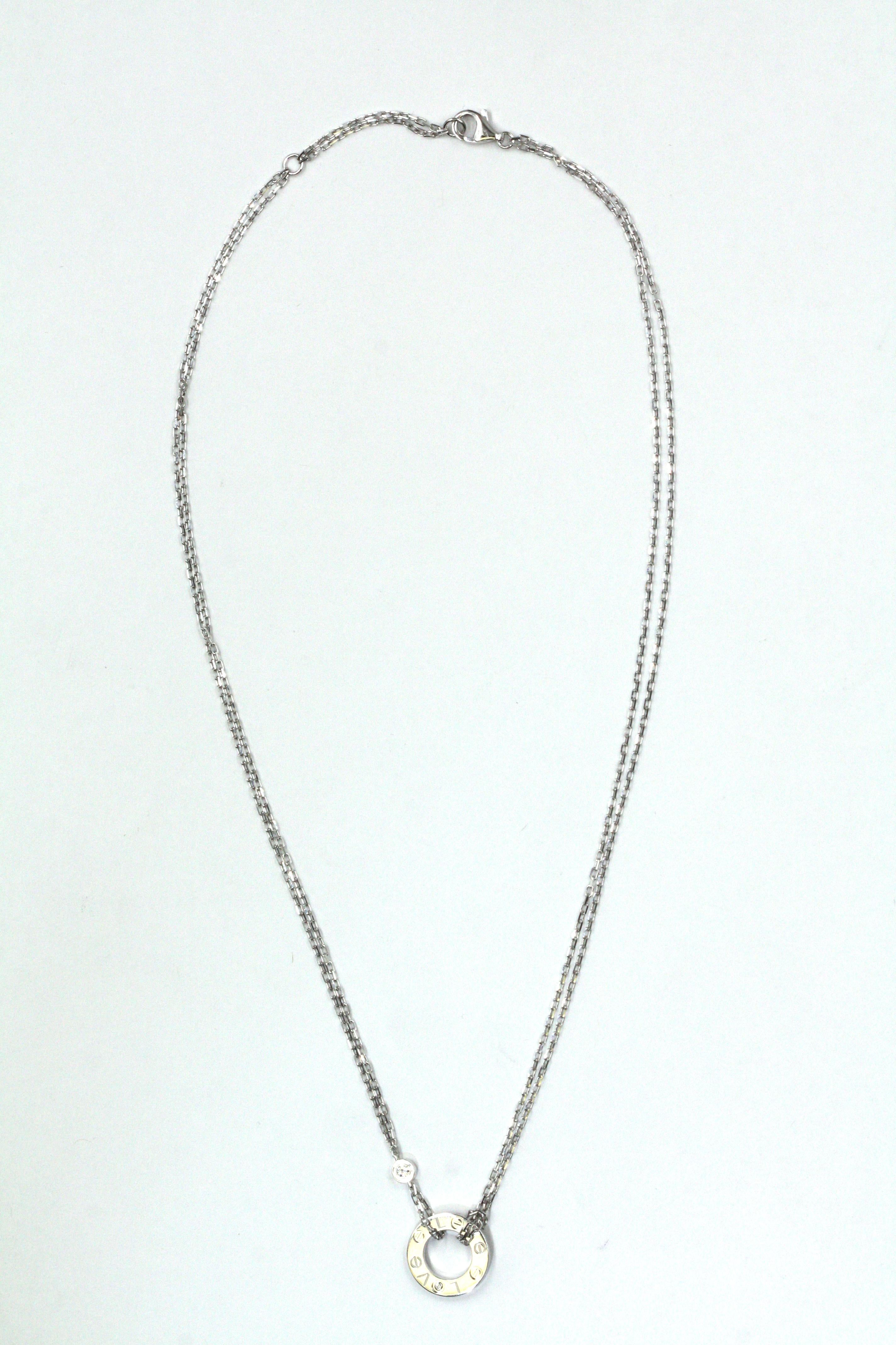 Love necklace from Cartier, made in 18K white gold, set with 2 brilliant-cut diamonds totaling 0.03 carat. REF: B7219400

Item will come with original box and certificate.
Length: approximately 40cm
stock#: CTR388
