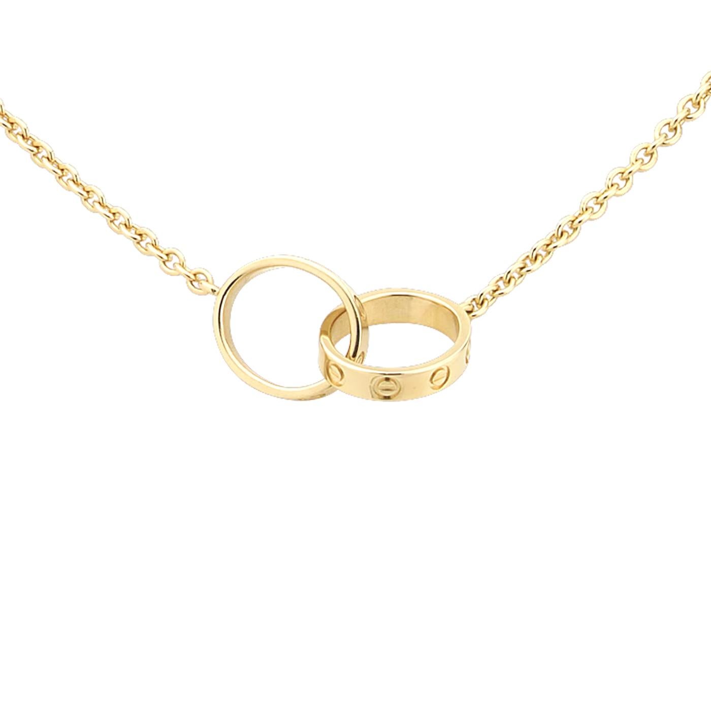 LOVE necklace, 18K yellow gold (750/1000). Inner diameter 8mm. Chain length: 440mm.

Details:
Brand: Cartier
Style: Love Necklace
Material: 18K Yellow Gold
Length: 440mm (17.36 Inches)
Theme: Romantic, Love
Inner Diameter: 8mm

Occasion: