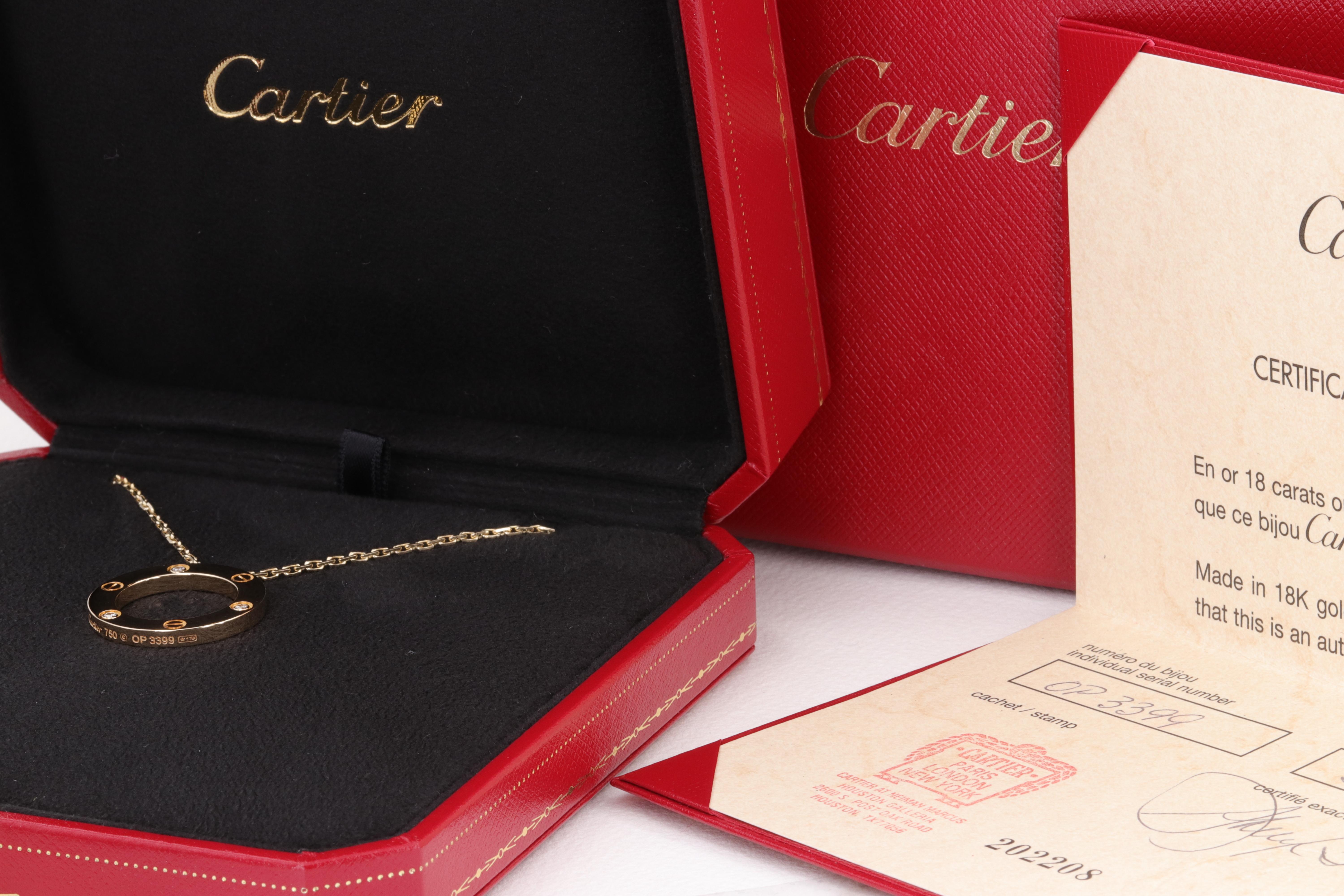 Cartier Love Necklace 3 Diamonds in 18 Karat Yellow Gold 

***Includes Original Inside and Outside Cartier Box and Papers***

Necklace / Pendant :

Pendant Inside Diameter - 16mm
Pendant Outside Diameter - 23mm
Necklace Length - 16.5 inches
Necklace