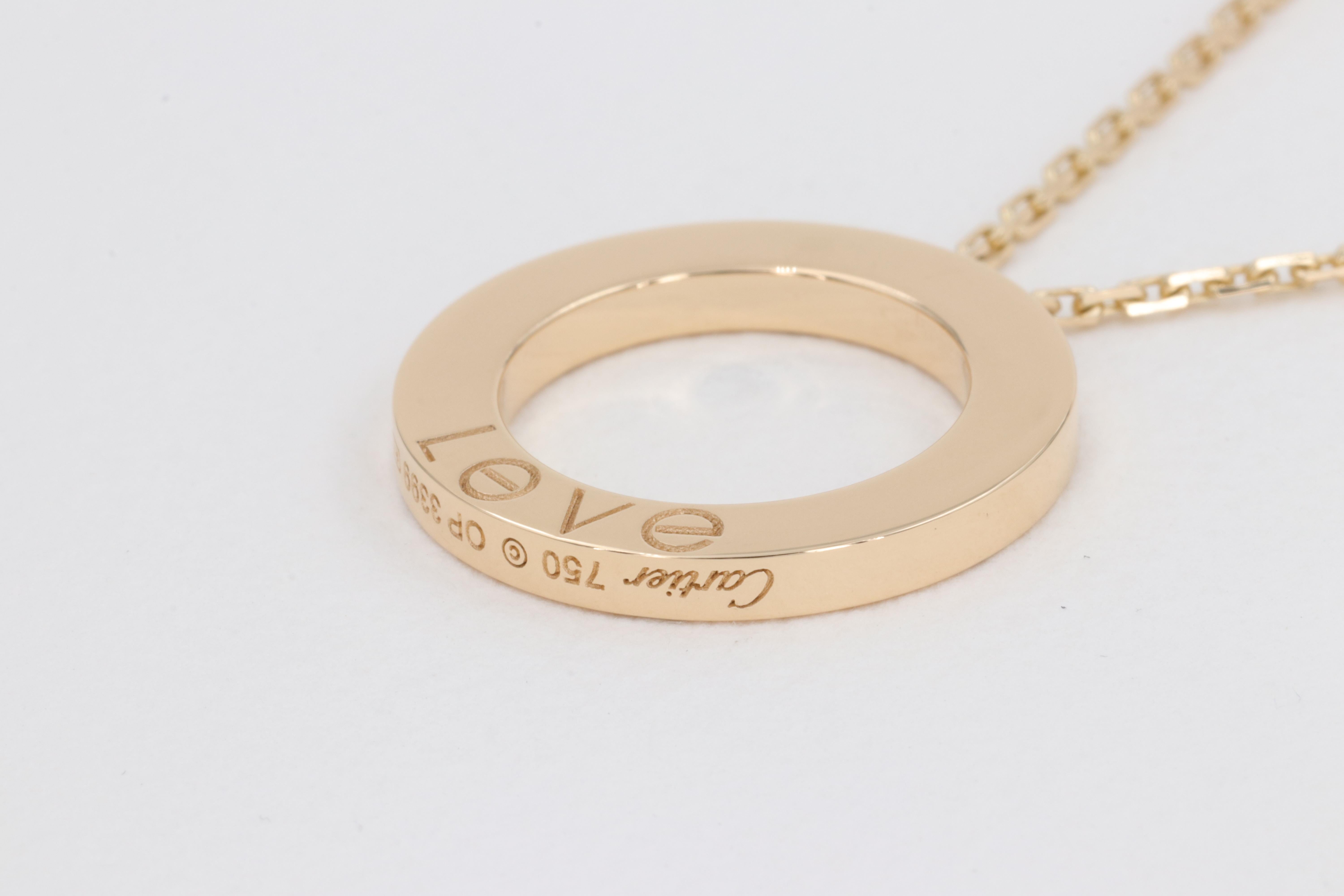 Round Cut Cartier Love Necklace 3 Diamonds in 18 Karat Yellow Gold Box Papers