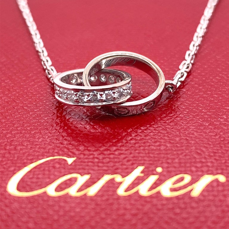 Cartier LOVE Diamond Necklace
Style:  LOVE
Ref. number:  B7013700
Metal:  18kt White Gold
Size:  16' inches
TCW:  0.22 tcw
Main Diamond:  18 Round Brilliant Diamonds
Color & Clarity:  F - VVS
Hallmark:  