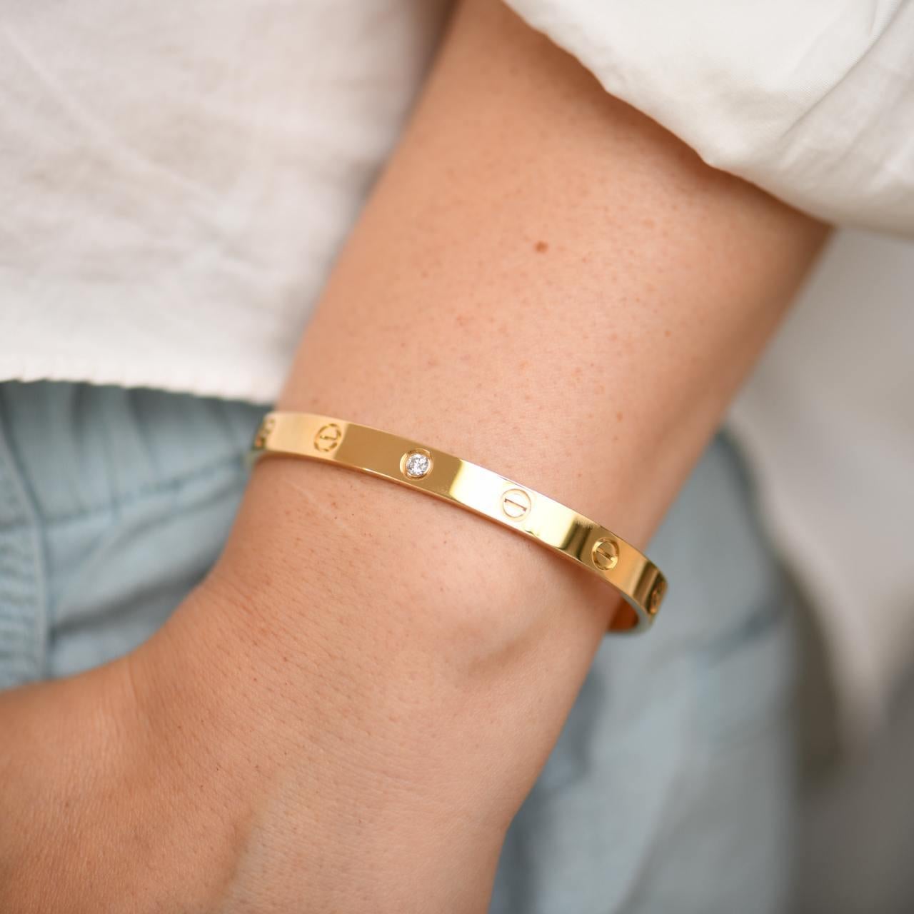 Brilliant Cut Cartier Love One Diamond 18K Yellow Gold Cuff Bracelet Size 18 For Sale