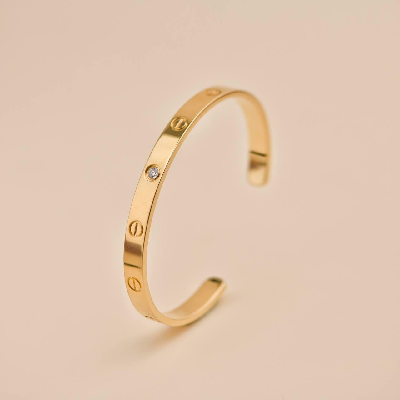Cartier Love One Diamond 18K Yellow Gold Cuff Bracelet Size 18 In Excellent Condition For Sale In Banbury, GB