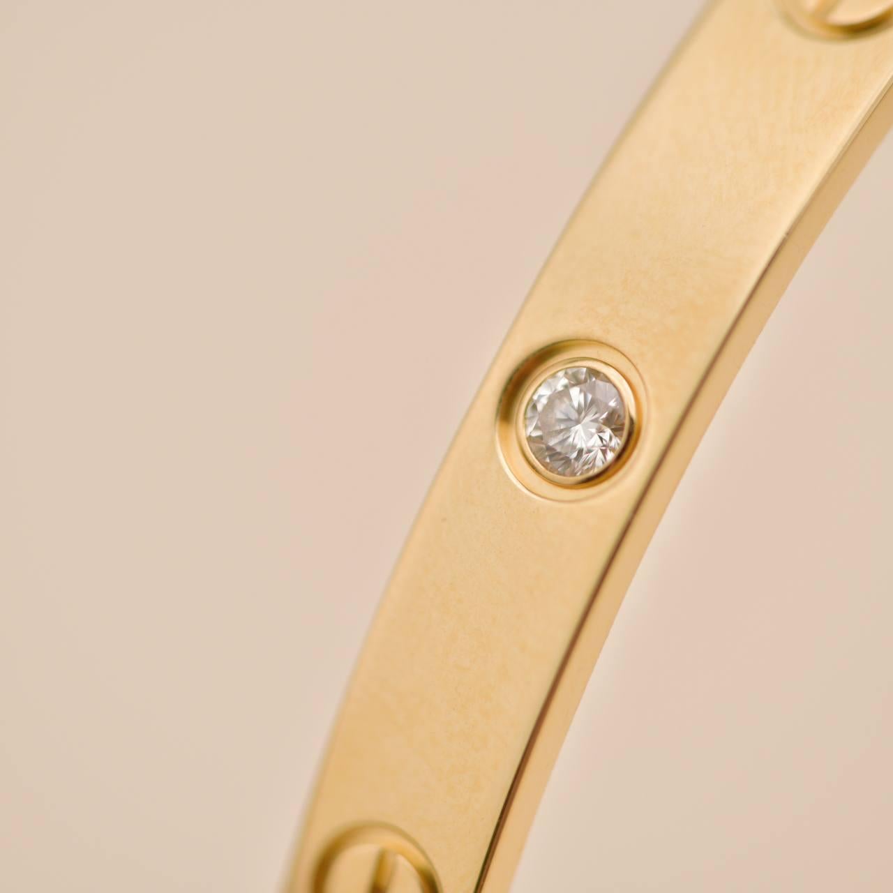 Women's or Men's Cartier Love One Diamond 18K Yellow Gold Cuff Bracelet Size 18 For Sale