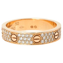 Cartier Love Pave Diamond 18K Rose Gold Band Ring Size 50