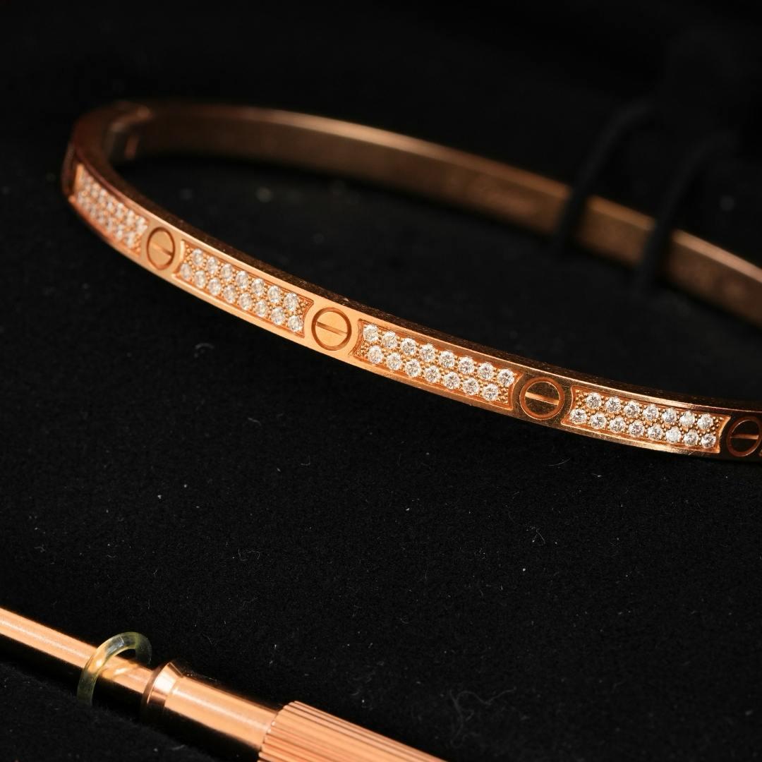 Brilliant Cut Cartier Love Pavé Diamond 18k Rose Gold Bracelet Small Model Size 17 For Sale