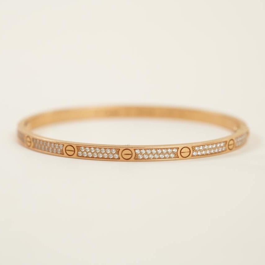 Cartier Love Pavé Diamond 18k Rose Gold Bracelet Small Model Size 17 In Excellent Condition For Sale In Banbury, GB