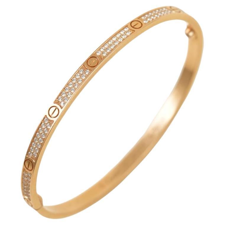 Cartier Love Pavé Diamond 18k Rose Gold Bracelet Small Model Size 17