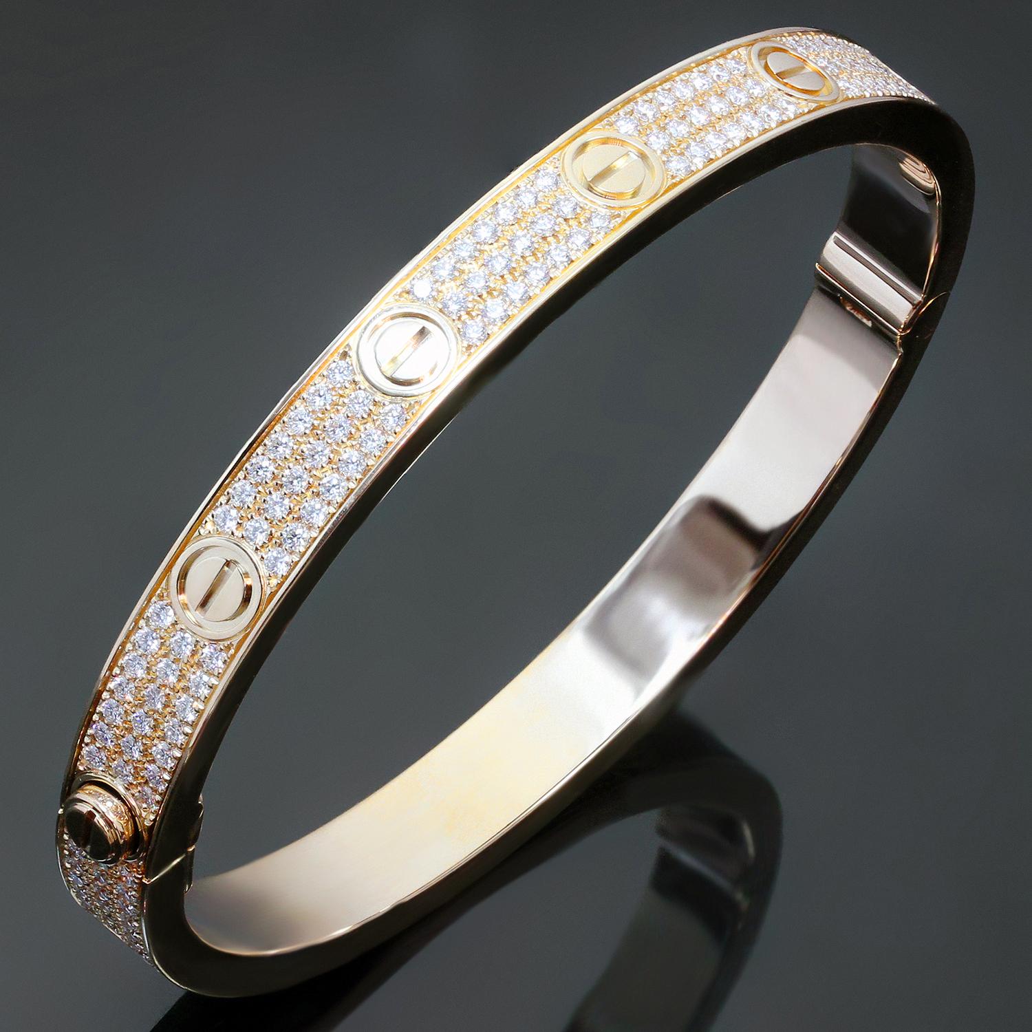 This exquisite Cartier bracelet from the iconic Love collection is crafted in 18k yellow gold and set with 200 brilliant-cut diamonds weighing an estimated 2.00 carats. Made in France circa 2010s. Measurements: 0.25