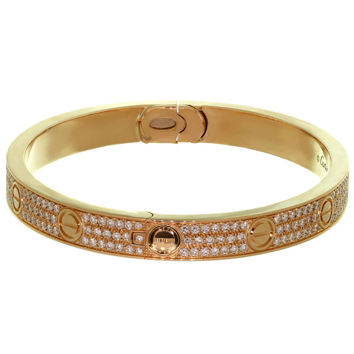 Cartier Love Pave Diamond Rose Gold Bangle Bracelet.Sz 18 In Excellent Condition In New York, NY