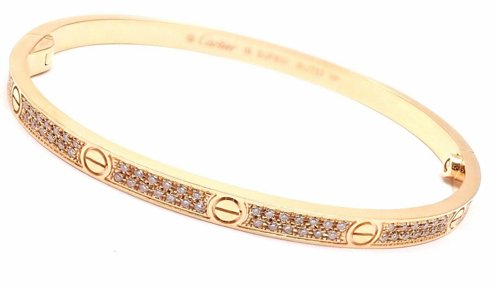 18k Rose Gold Pave Diamond LOVE Small Model Bangle Bracelet by Cartier. SIZE 16. 
This bracelet comes with Cartier box.
With 177 round brilliant cut diamonds VVS1 clarity, E color total weight approx. .95ct 
Details: 
Size: 16
Weight: 16.4