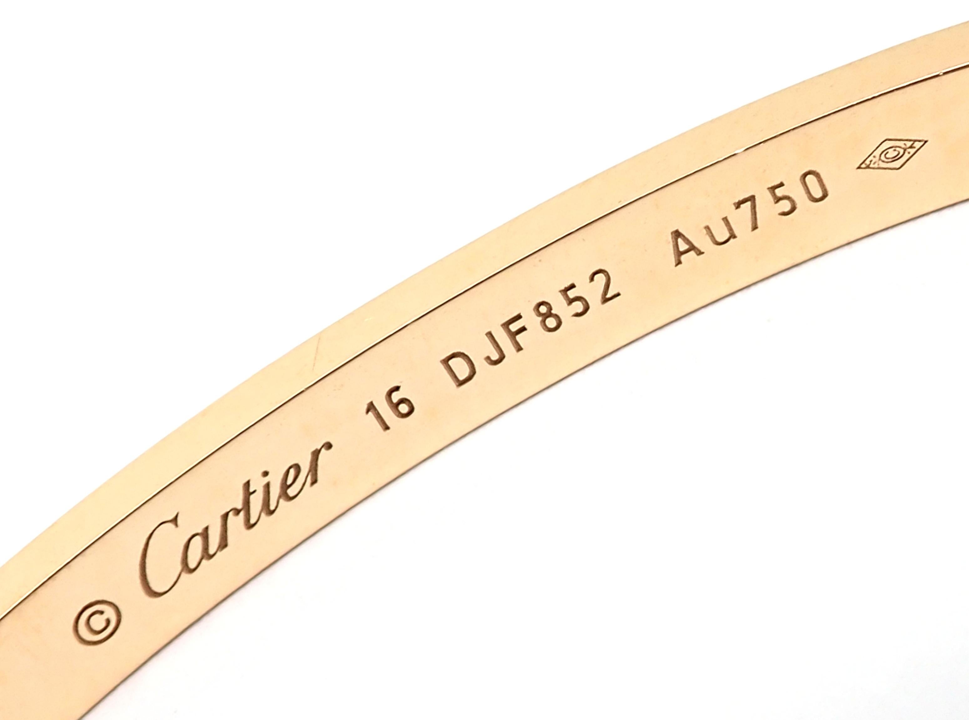 18k Rose Gold Pave Diamond LOVE Small Model Bangle Bracelet by Cartier. SIZE 16. 
This bracelet comes with Cartier box.
With 177 round brilliant cut diamonds VVS1 clarity, E color total weight approx. .95ct 
Details: 
Size: 16
Weight: 16.4